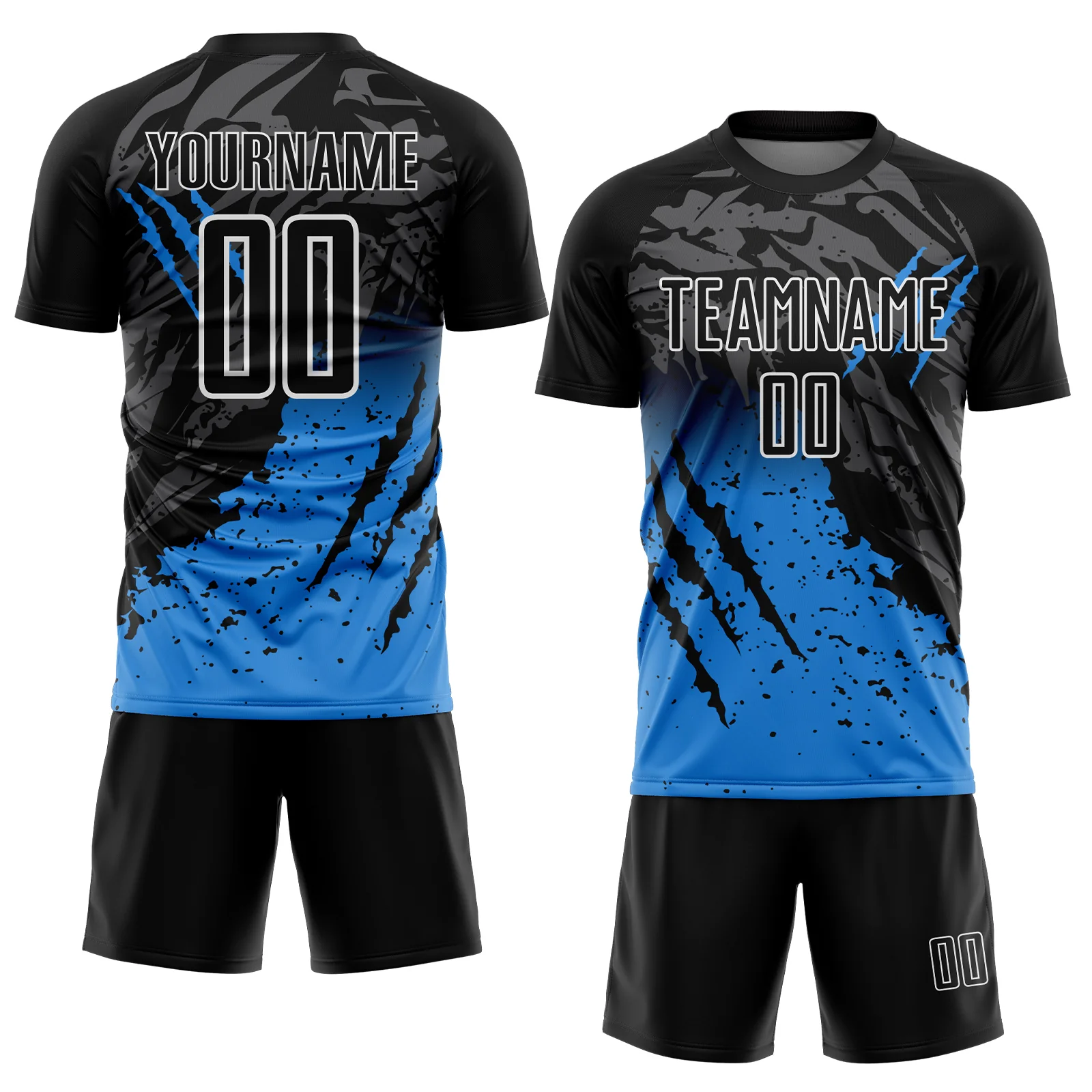 Custom Black White-Powder Blue Gradient Claw Mark Splatter Sports Sublimation Soccer Uniform Jersey - Image 2