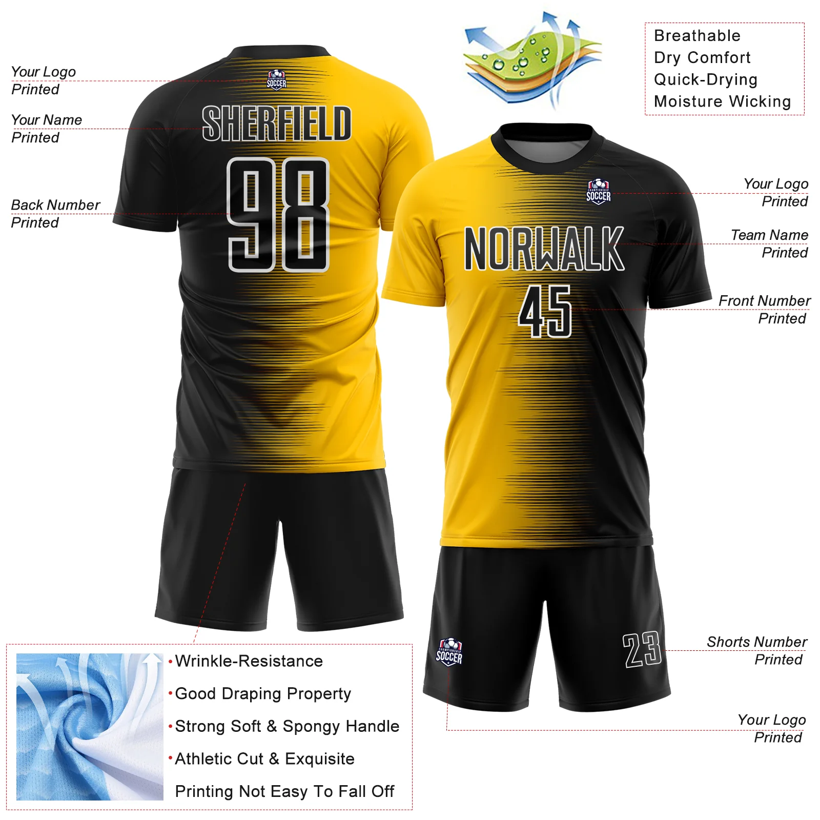 Custom Black White-Gold Gradient Line Sublimation Soccer Uniform Jersey - Image 4