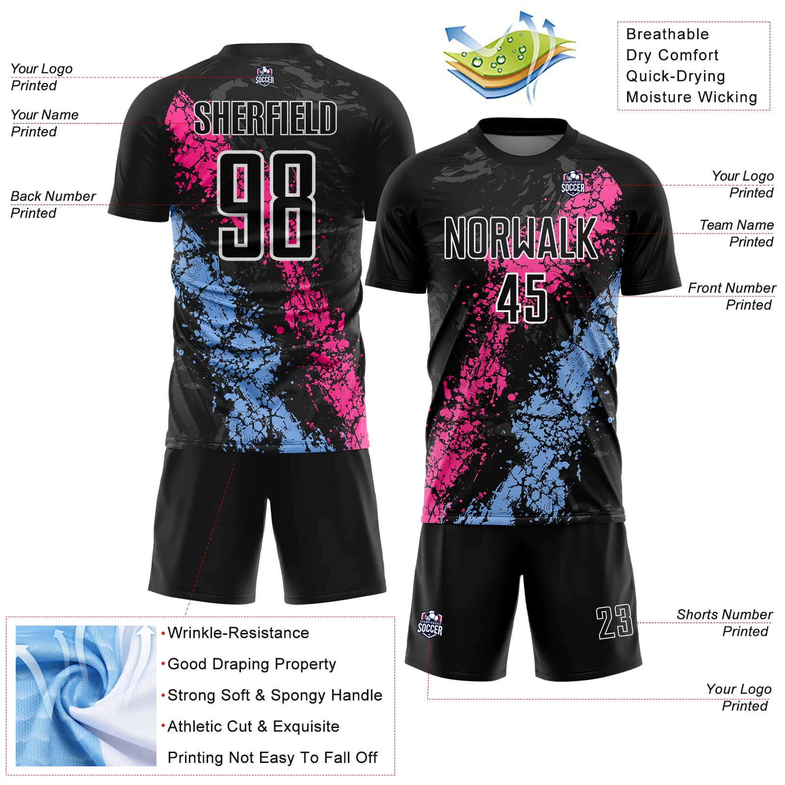 Custom Black White Pink-Light Blue Dripping Splatter Cracked Texture Sublimation Soccer Uniform Jersey - Image 4