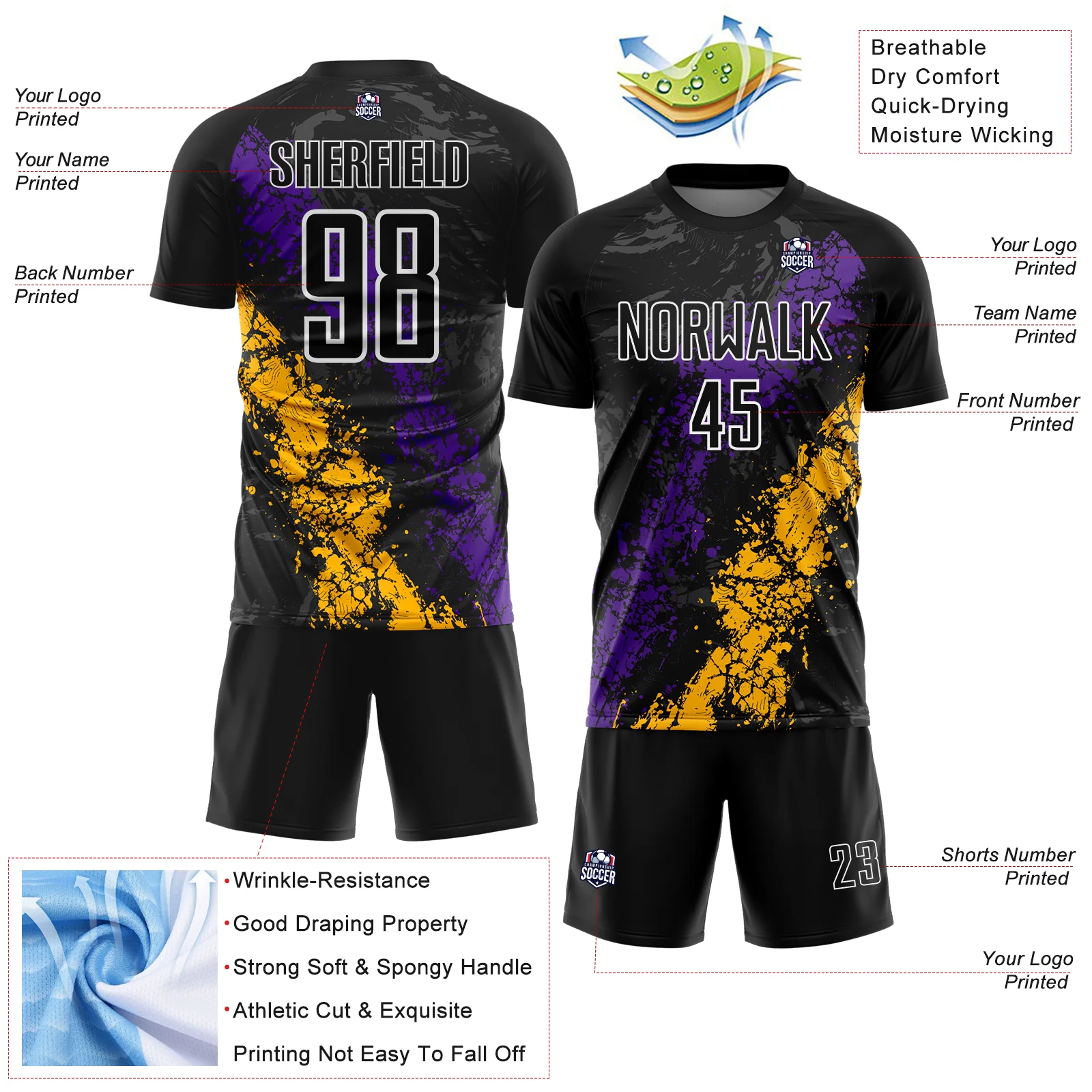 Custom Black White Purple-Gold Dripping Splatter Cracked Texture Sublimation Soccer Uniform Jersey - Image 4