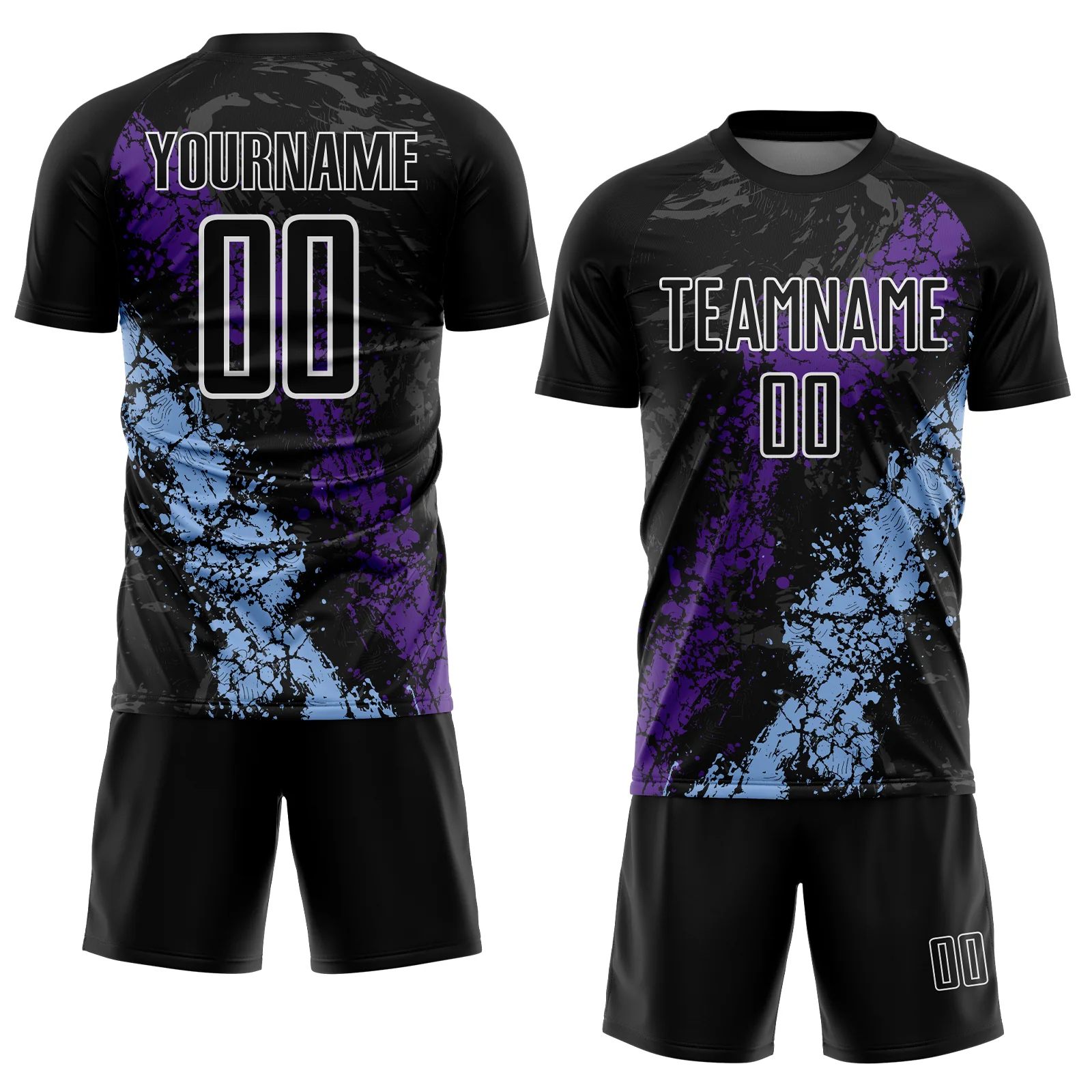 Custom Black White Purple-Light Blue Dripping Splatter Cracked Texture Sublimation Soccer Uniform Jersey - Image 2