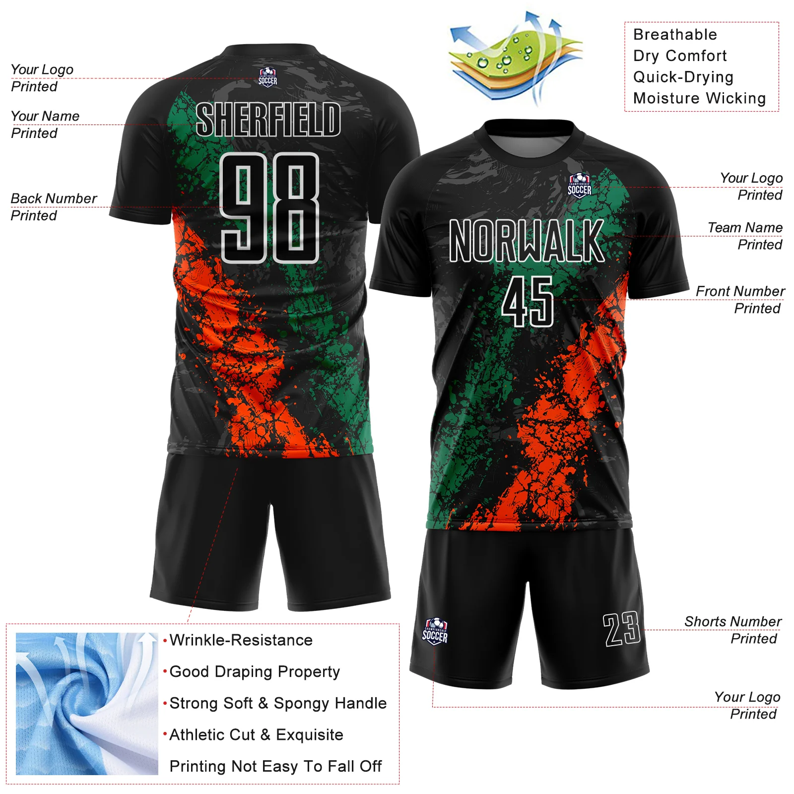 Custom Black White Kelly Green-Orange Dripping Splatter Cracked Texture Sublimation Soccer Uniform Jersey - Image 4