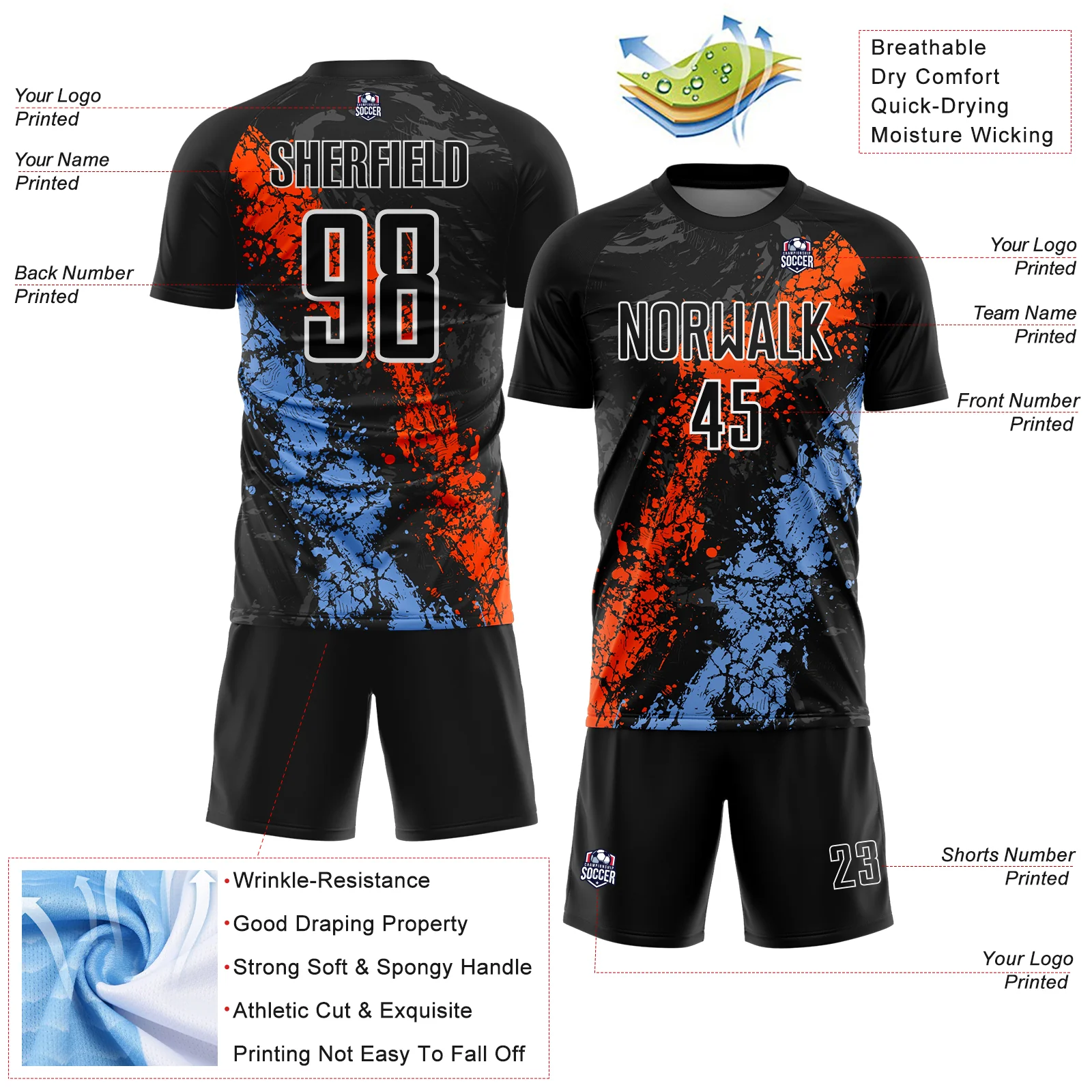 Custom Black White Orange-Powder Blue Dripping Splatter Cracked Texture Sublimation Soccer Uniform Jersey - Image 4