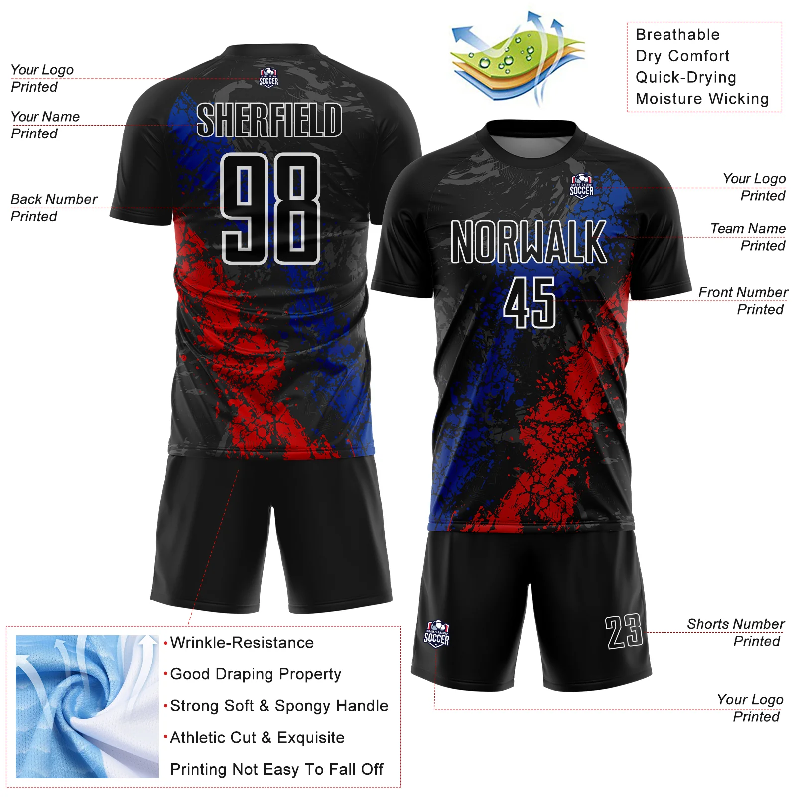 Custom Black White Royal-Red Dripping Splatter Cracked Texture Sublimation Soccer Uniform Jersey - Image 4