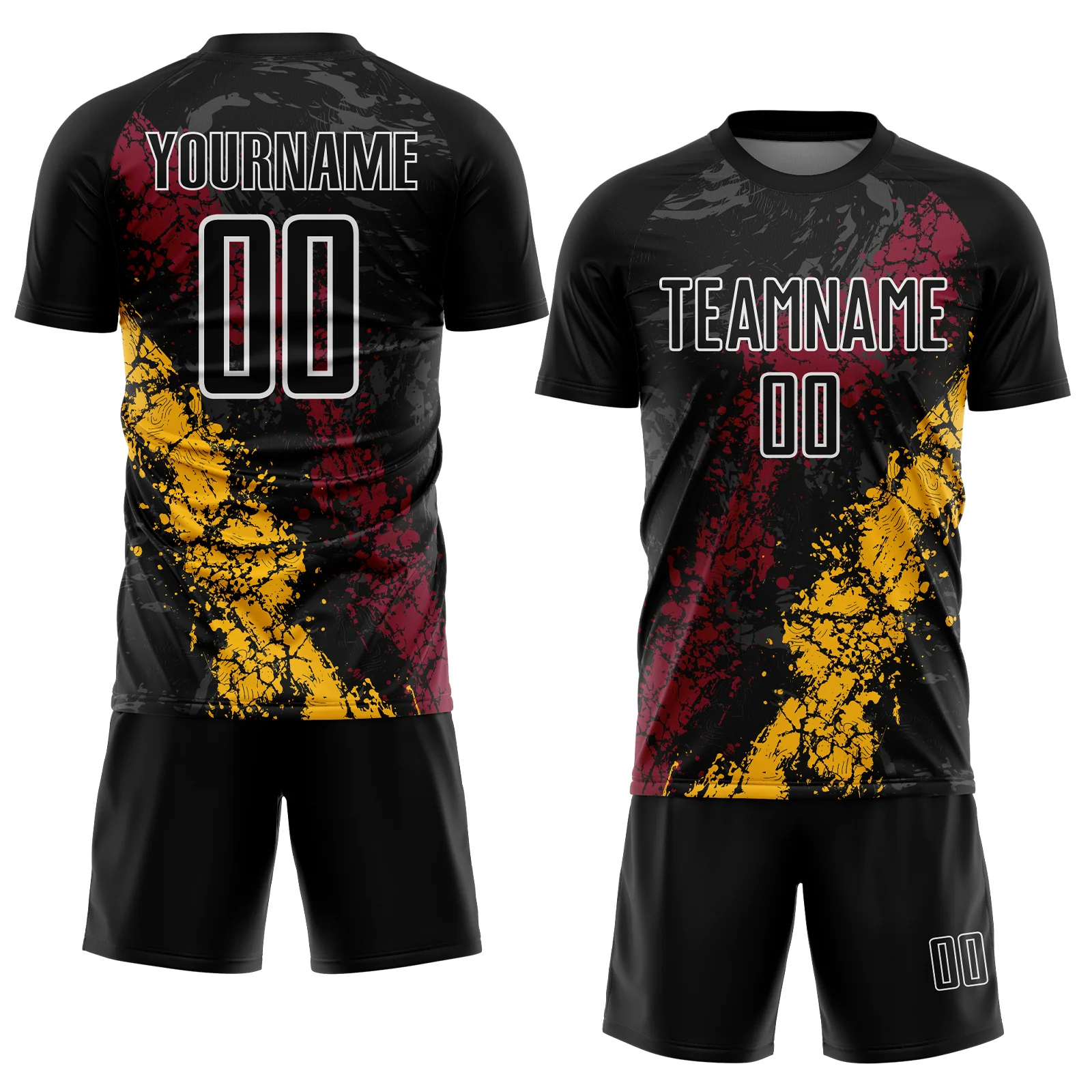 Custom Black White Crimson-Gold Dripping Splatter Cracked Texture Sublimation Soccer Uniform Jersey - Image 2