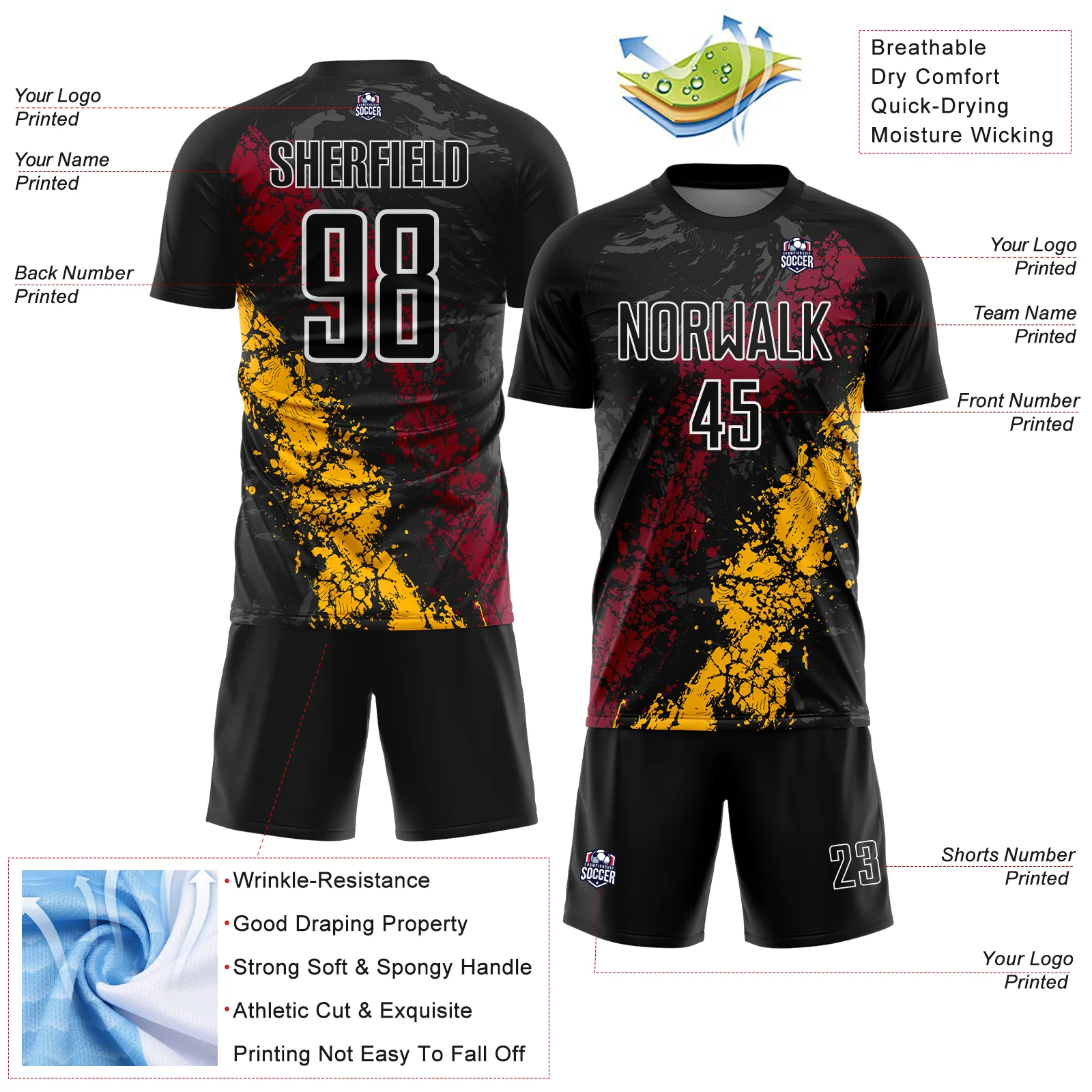 Custom Black White Crimson-Gold Dripping Splatter Cracked Texture Sublimation Soccer Uniform Jersey - Image 4