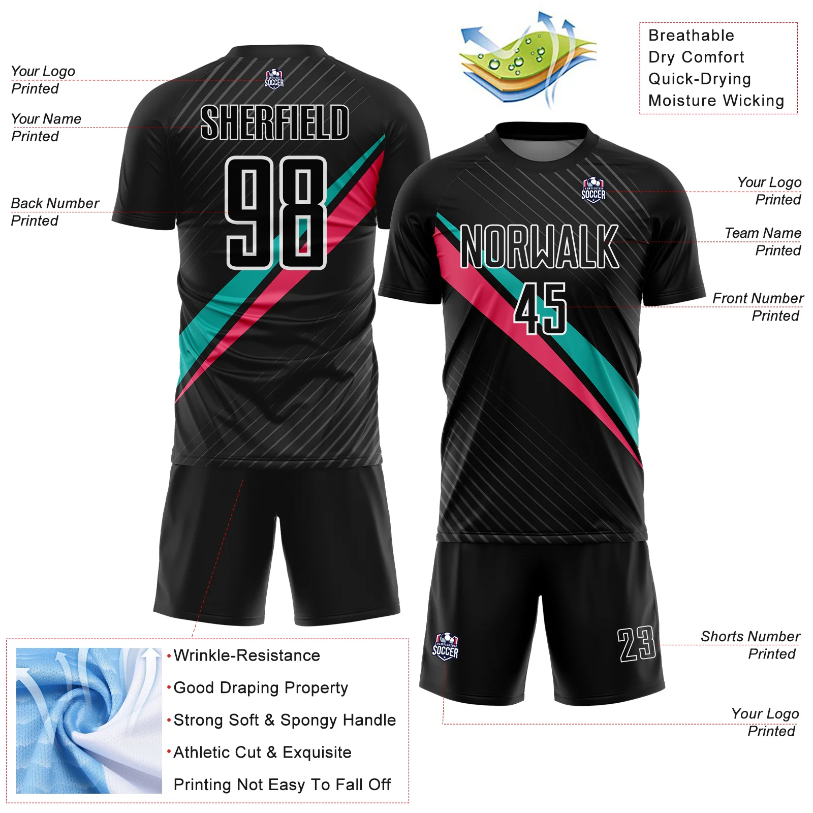 Custom Black White Aqua-Neon Pink Diagonal Stripes Sports Sublimation Soccer Uniform Jersey - Image 4
