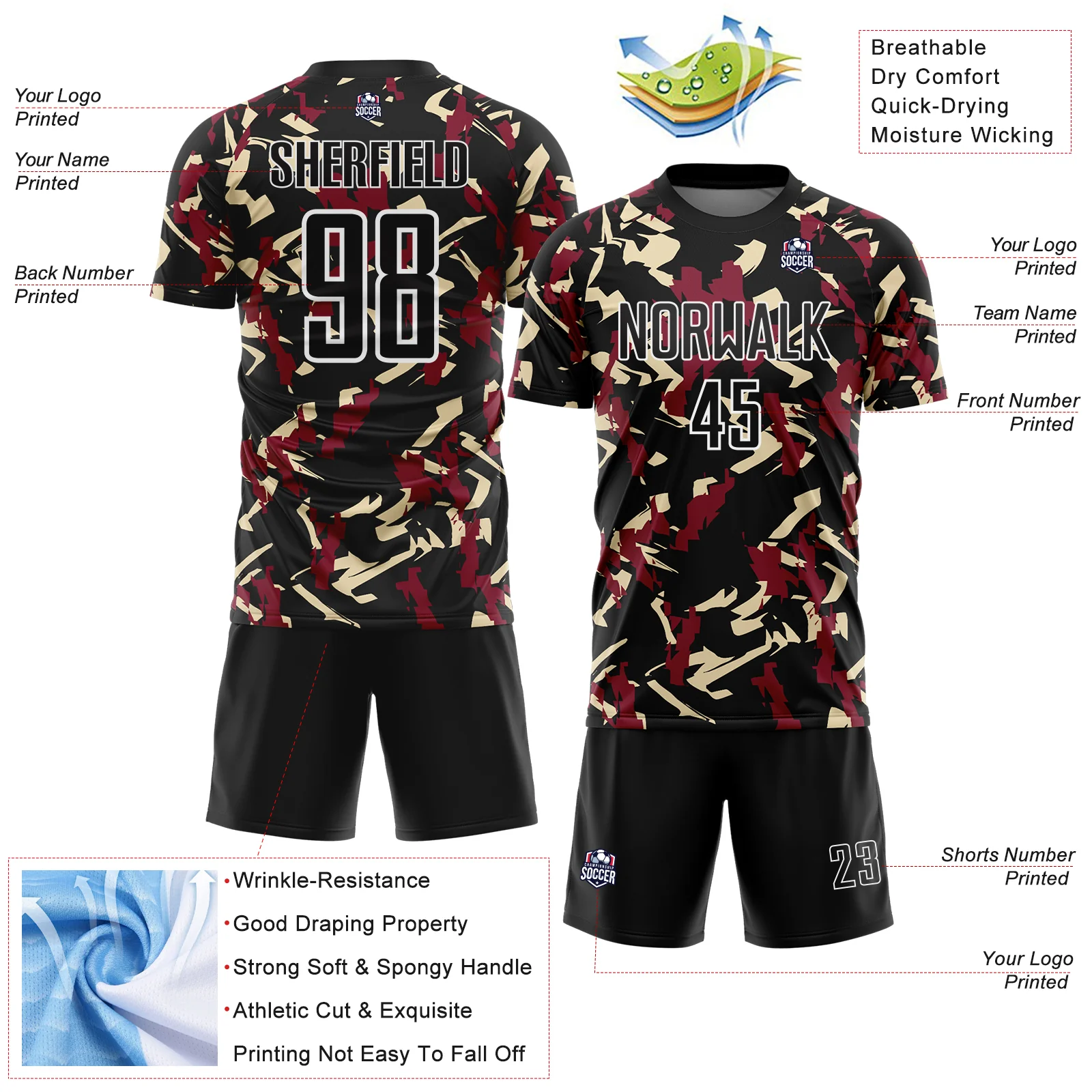 Custom Black White Crimson-Cream Geometric Camo Fragment Sports Sublimation Soccer Uniform Jersey - Image 4