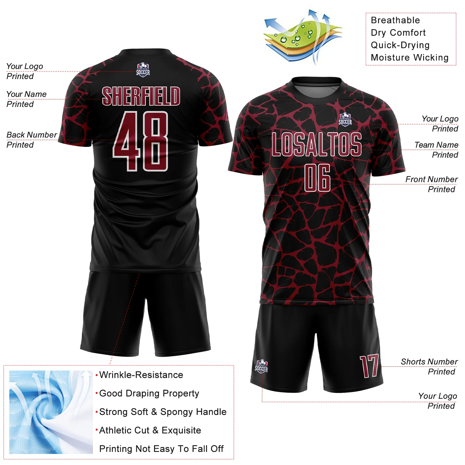 Custom Black Crimson-White Abstract Network Splash Sublimation Soccer Uniform Jersey - Image 4