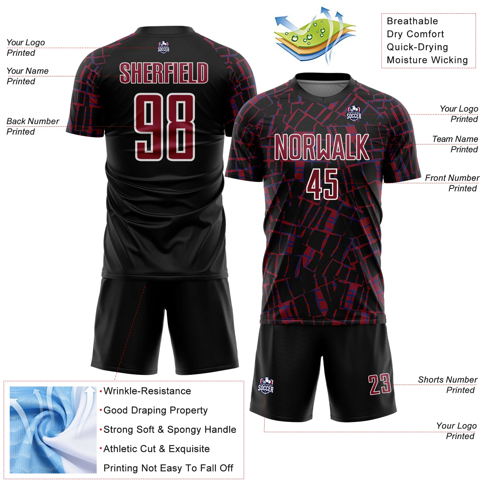 Custom Black Crimson-White Abstract Line Sports Sublimation Soccer Uniform Jersey - Image 4
