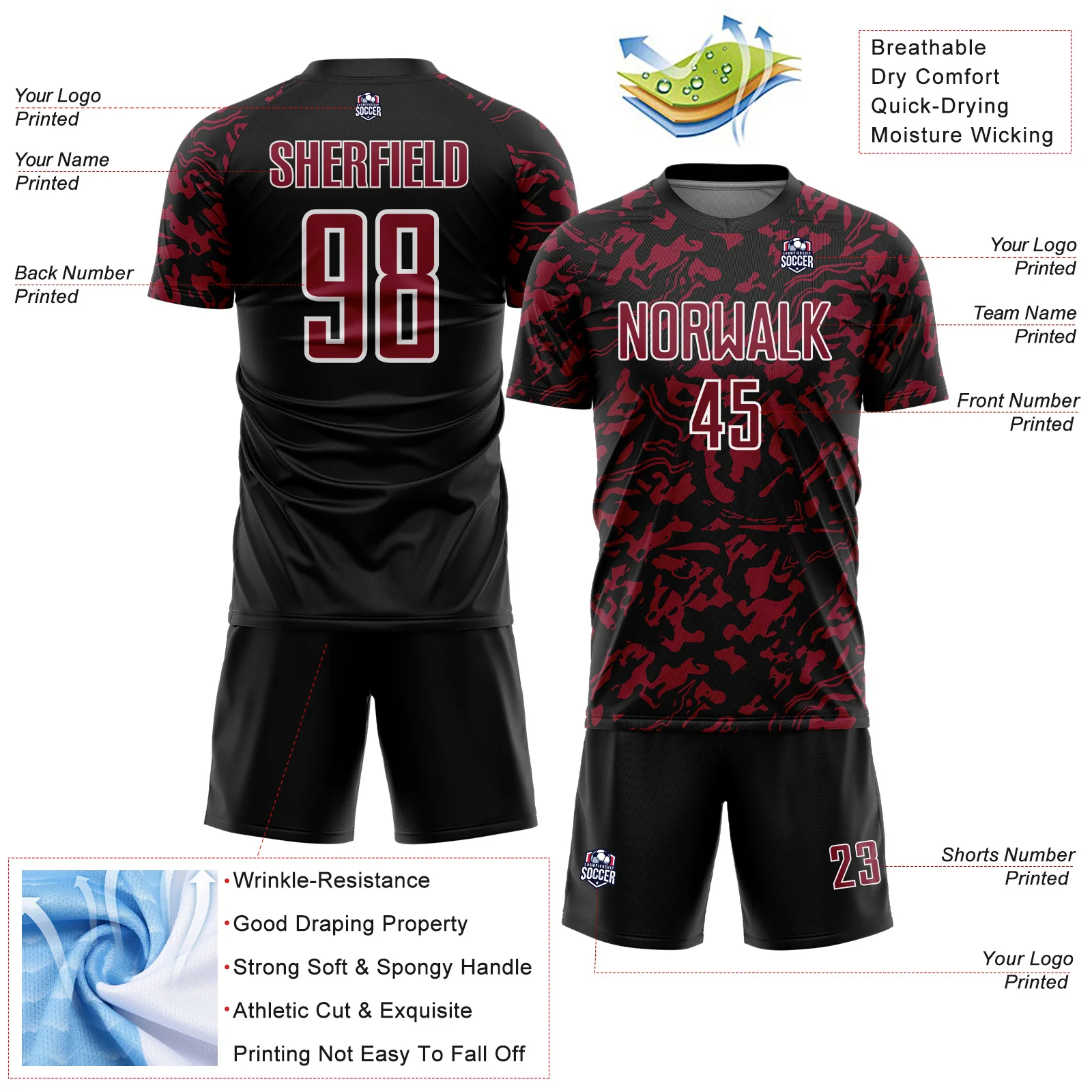 Custom Black Crimson-White Liquid Fluid Pattern Sports Sublimation Soccer Uniform Jersey - Image 4