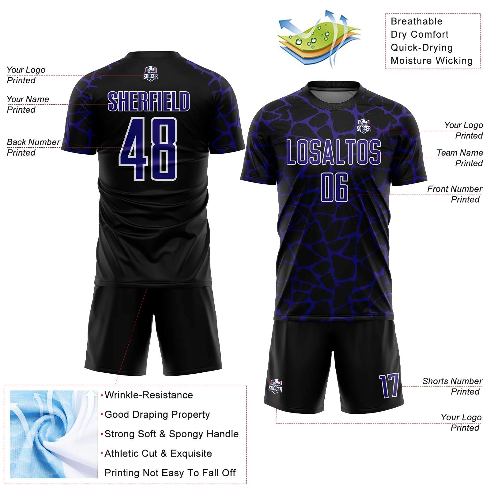 Custom Black Dark Purple-White Abstract Network Splash Sublimation Soccer Uniform Jersey - Image 4