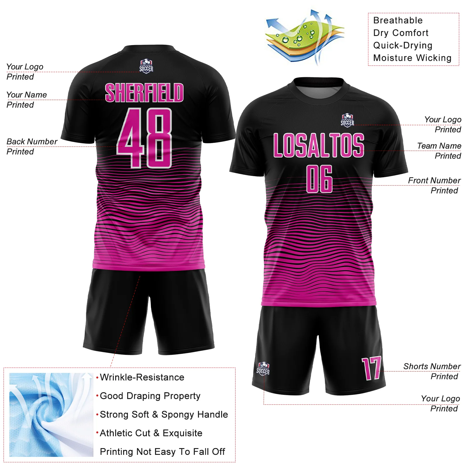 Custom Black Deep Pink-White Gradient Line Sublimation Soccer Uniform Jersey - Image 4