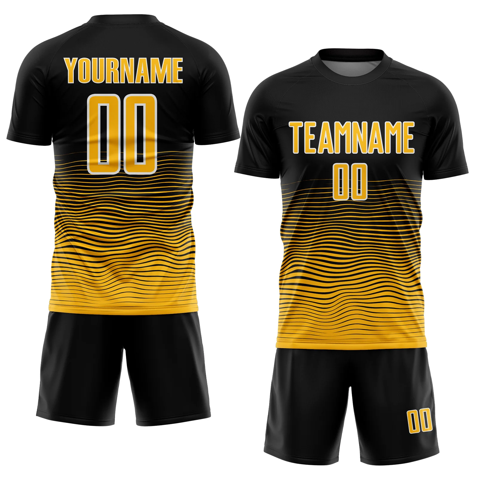 Custom Black Gold-White Gradient Line Sublimation Soccer Uniform Jersey - Image 2