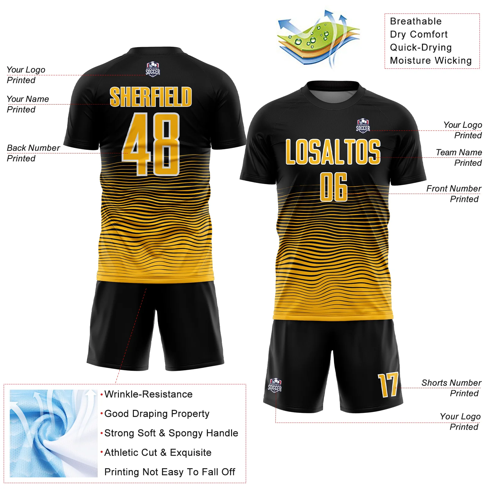 Custom Black Gold-White Gradient Line Sublimation Soccer Uniform Jersey - Image 4