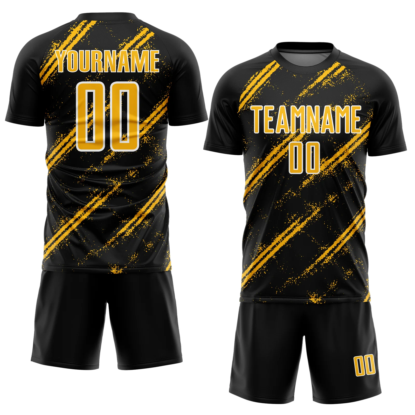 Custom Black Gold-White Abstract Fragment Art Splash Sublimation Soccer Uniform Jersey - Image 2