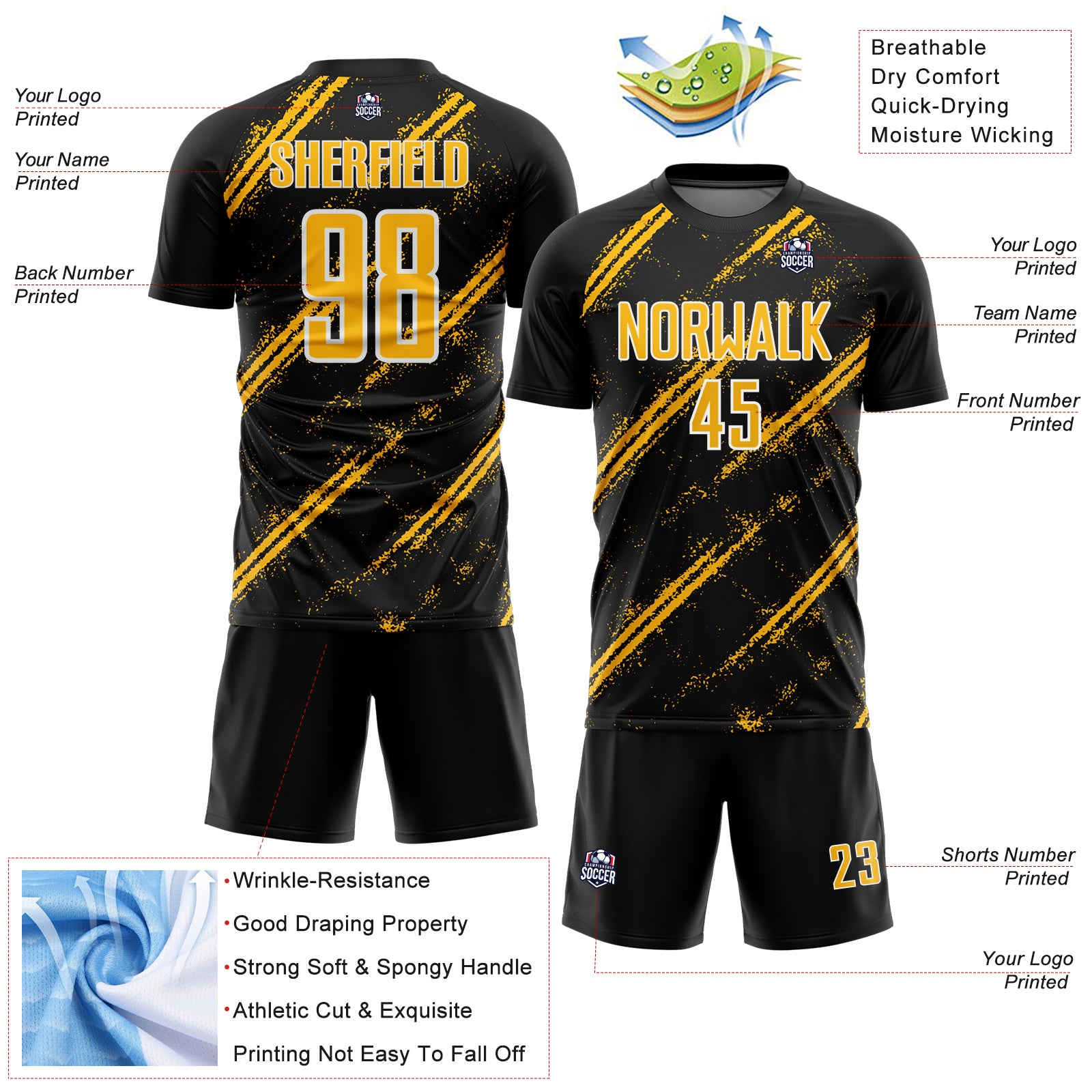 Custom Black Gold-White Abstract Fragment Art Splash Sublimation Soccer Uniform Jersey - Image 4