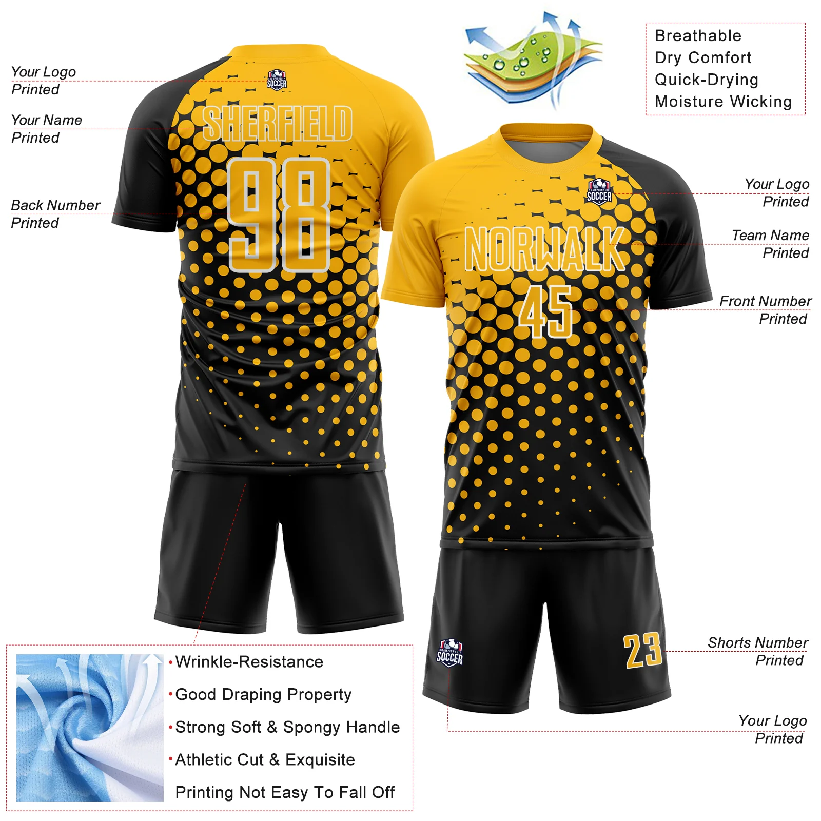 Custom Black Gold-White Modern Polka Dot Sublimation Soccer Uniform Jersey - Image 4