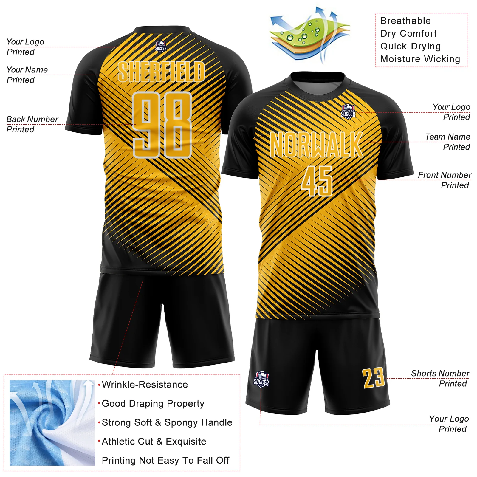 Custom Black Gold-White Line Sublimation Soccer Uniform Jersey - Image 4