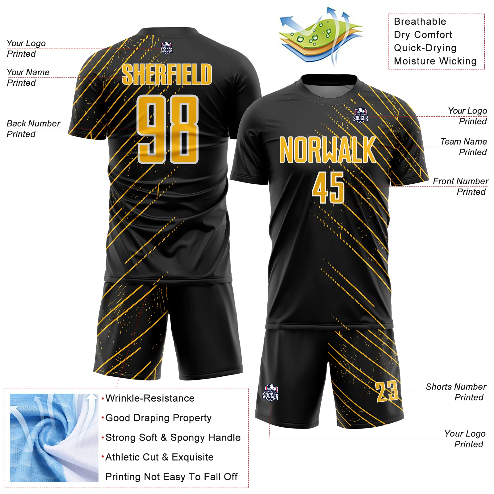 Custom Black Gold-White Lines Sports Sublimation Soccer Uniform Jersey - Image 4