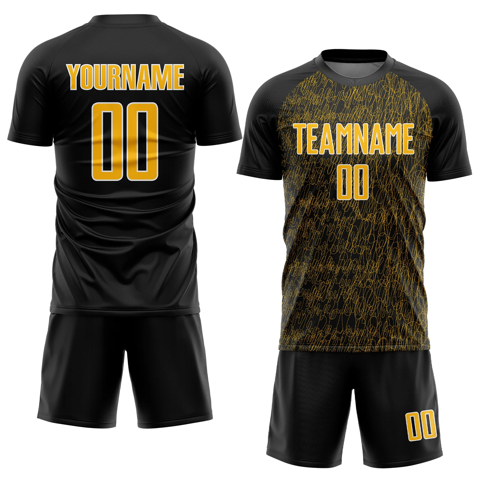Custom Black Gold-White Abstract Scribble Curve Line Pattern Sports Sublimation Soccer Uniform Jersey - Image 2