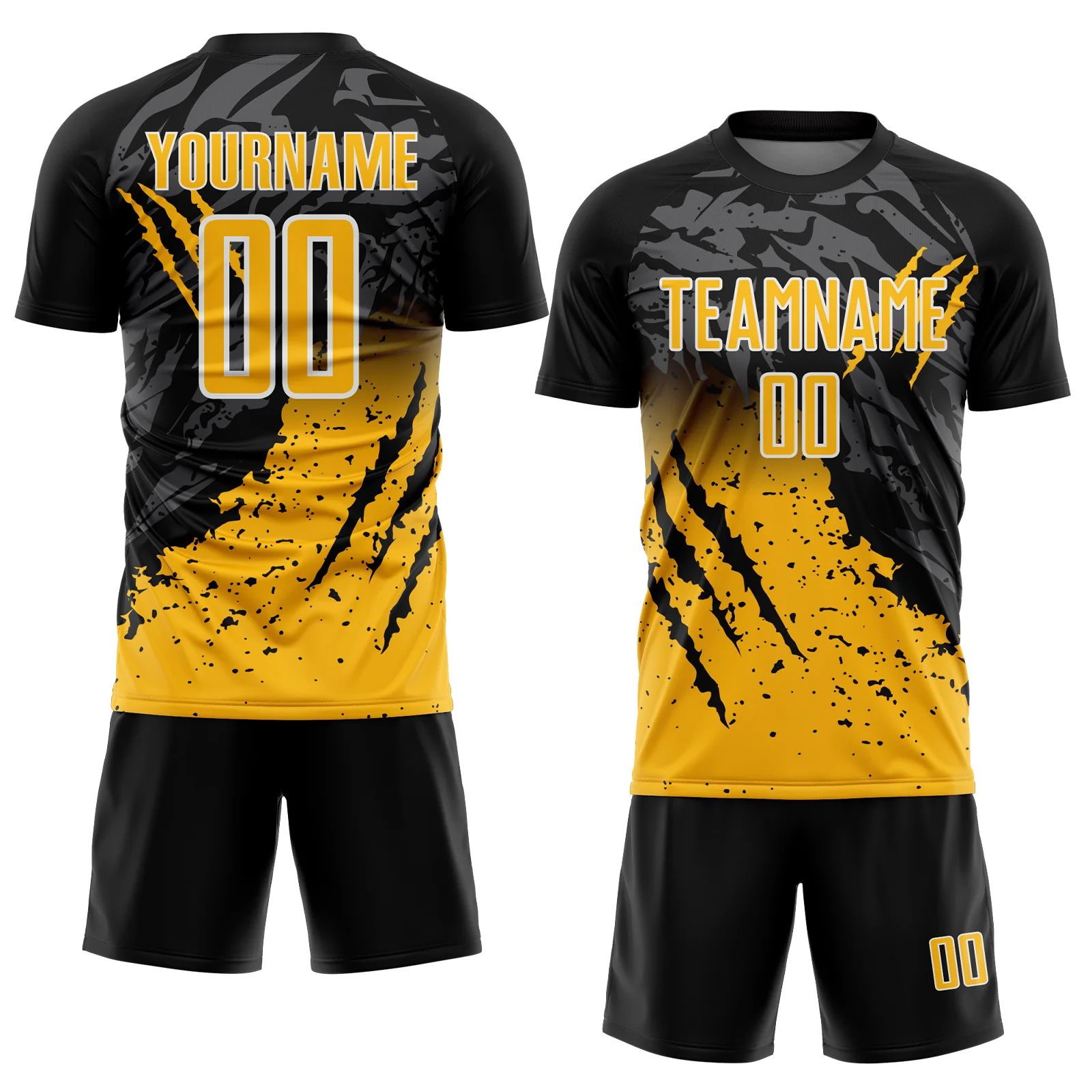 Custom Black Gold-White Gradient Claw Mark Splatter Sports Sublimation Soccer Uniform Jersey - Image 2