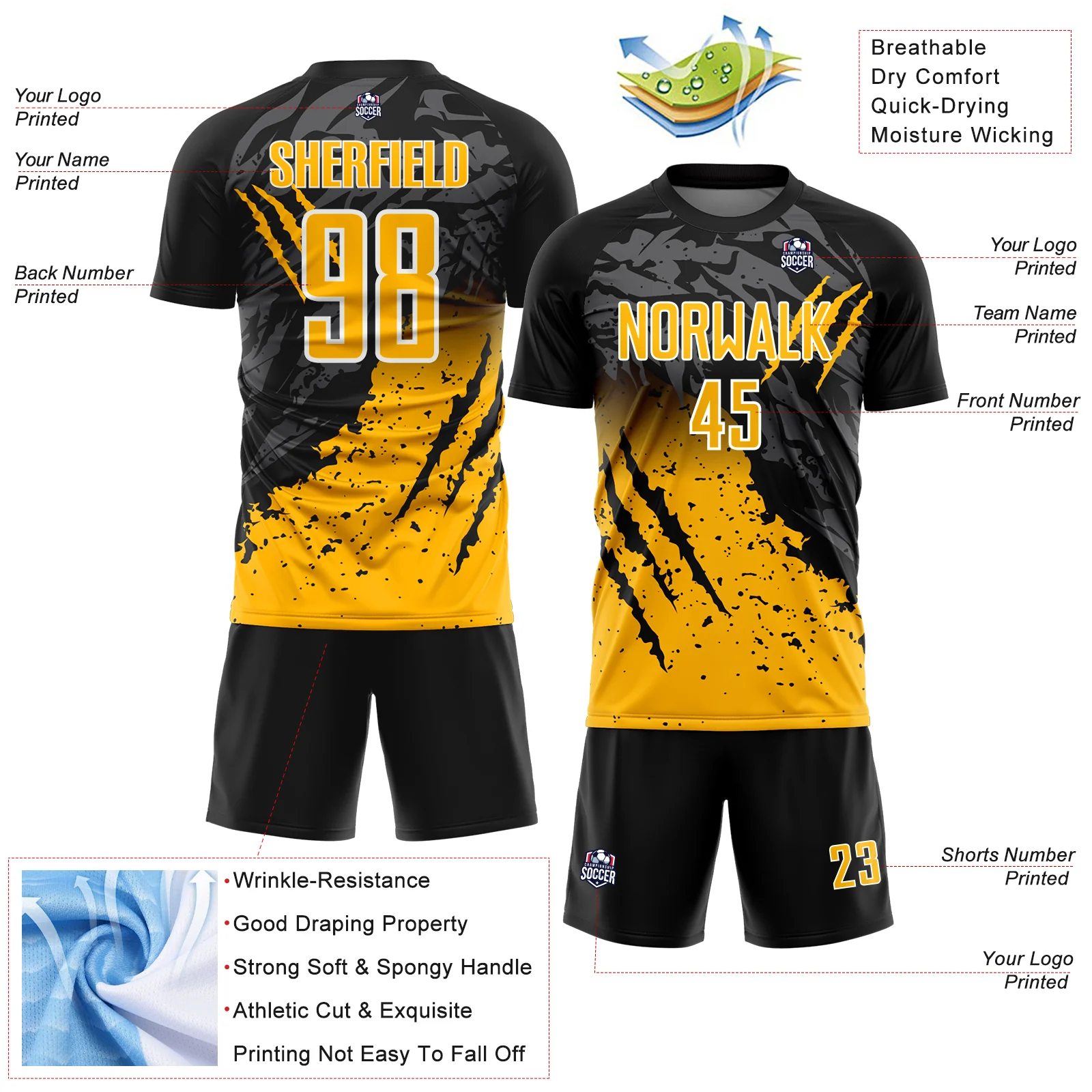 Custom Black Gold-White Gradient Claw Mark Splatter Sports Sublimation Soccer Uniform Jersey - Image 4