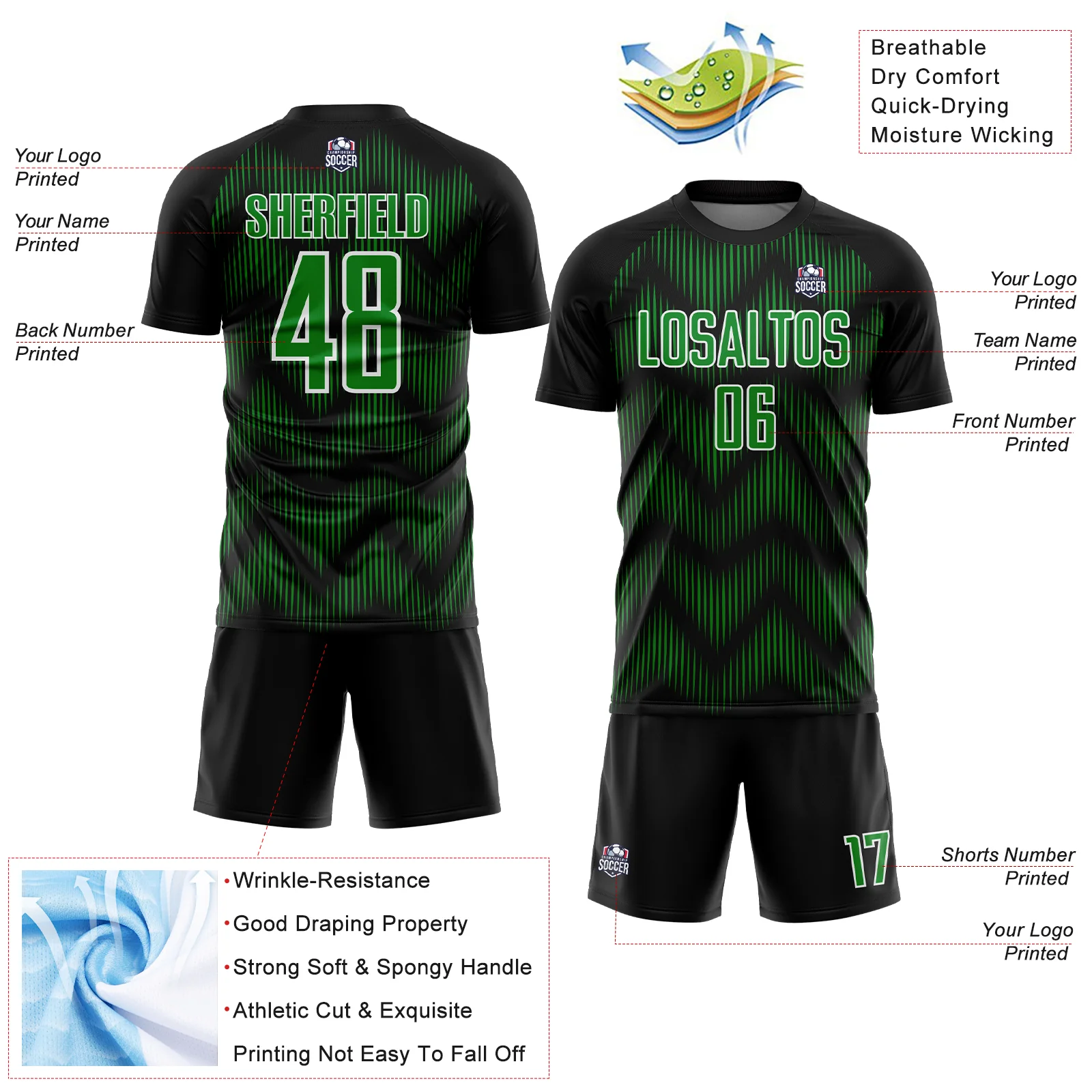 Custom Black Grass Green-White Line Sublimation Soccer Uniform Jersey - Image 4