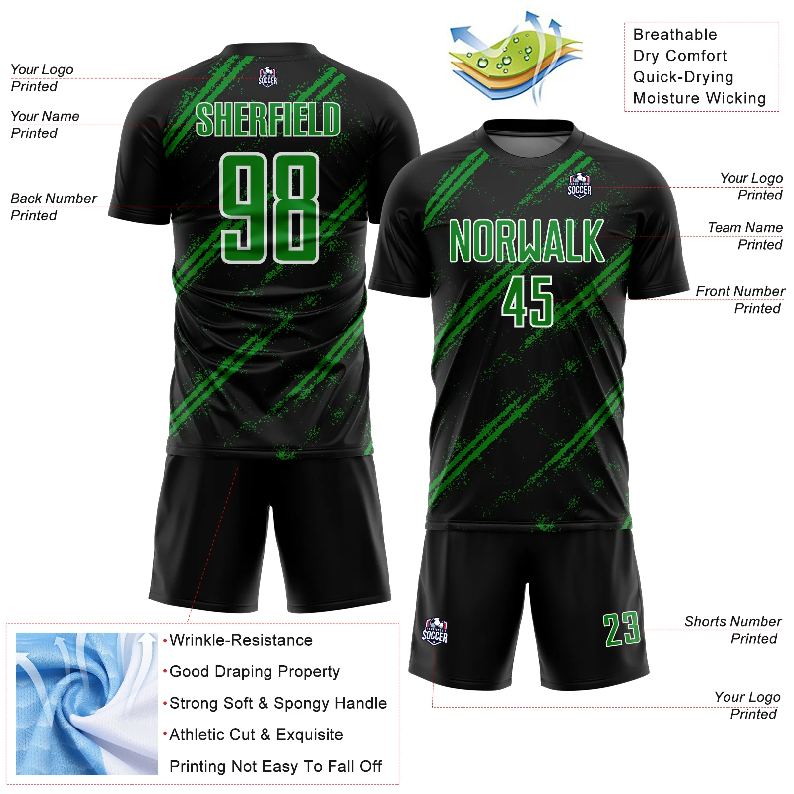 Custom Black Grass Green-White Abstract Fragment Art Splash Sublimation Soccer Uniform Jersey - Image 4