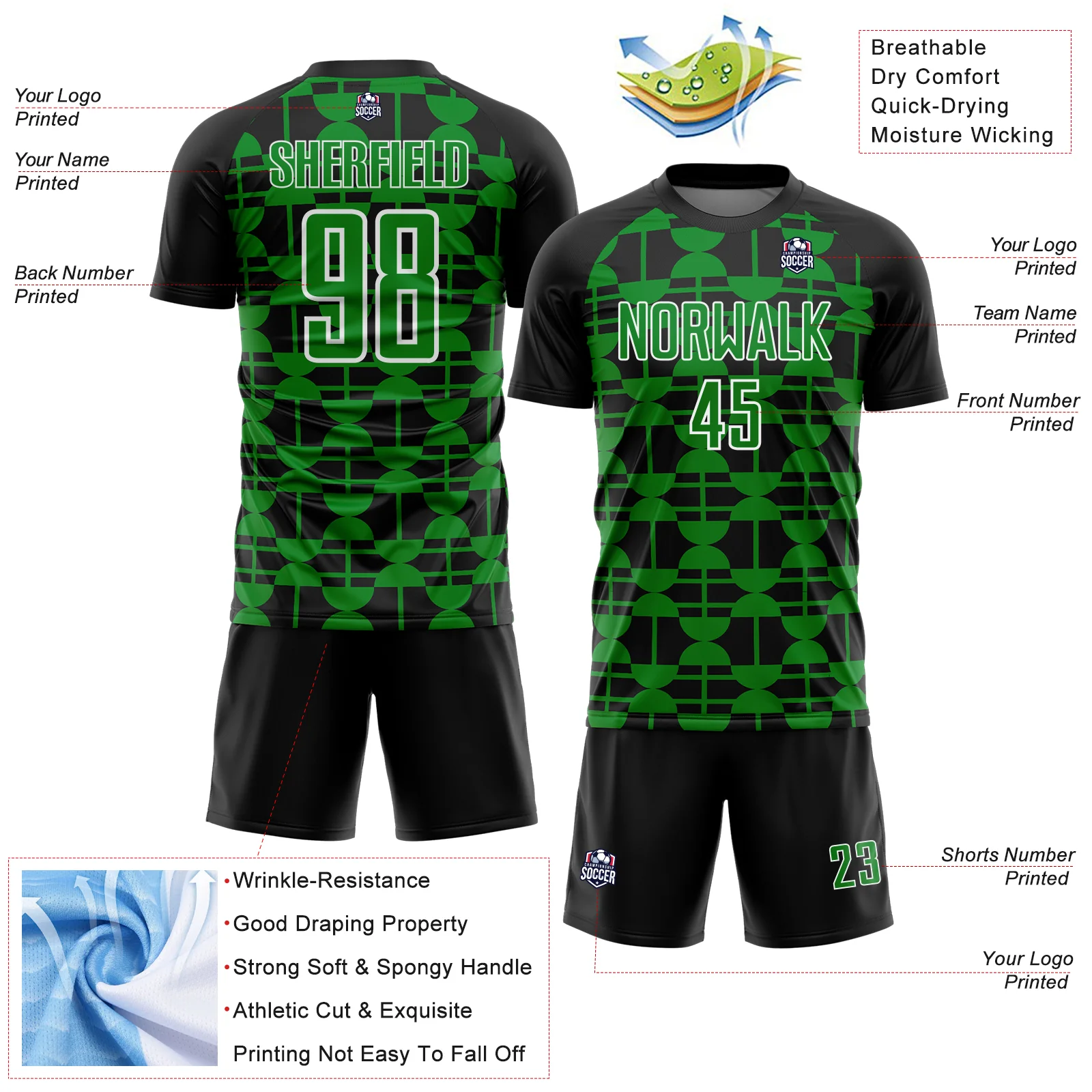 Custom Black Grass Green-White Geometric Shapes Sports Sublimation Soccer Uniform Jersey - Image 4