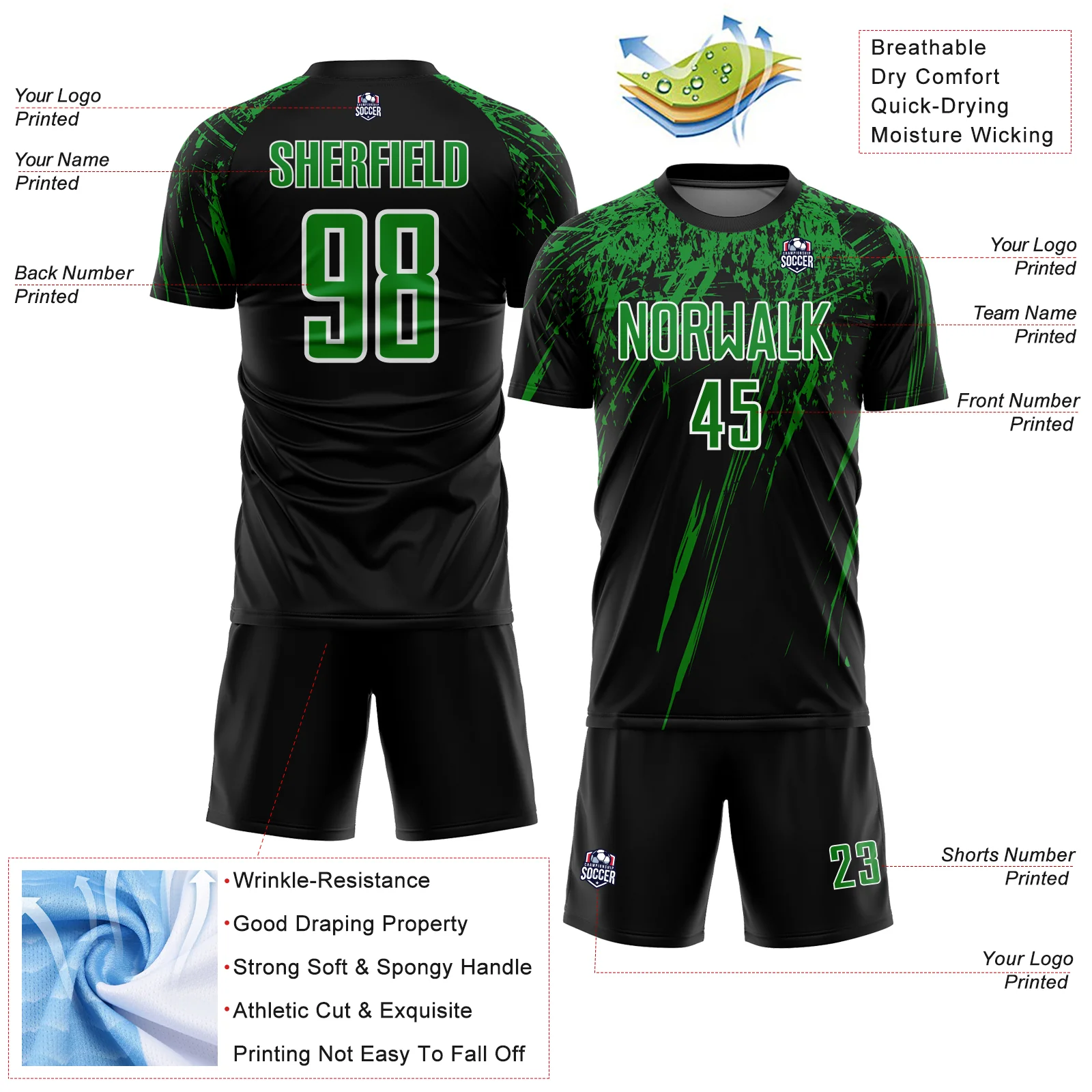 Custom Black Grass Green-White Splash Sports Sublimation Soccer Uniform Jersey - Image 4