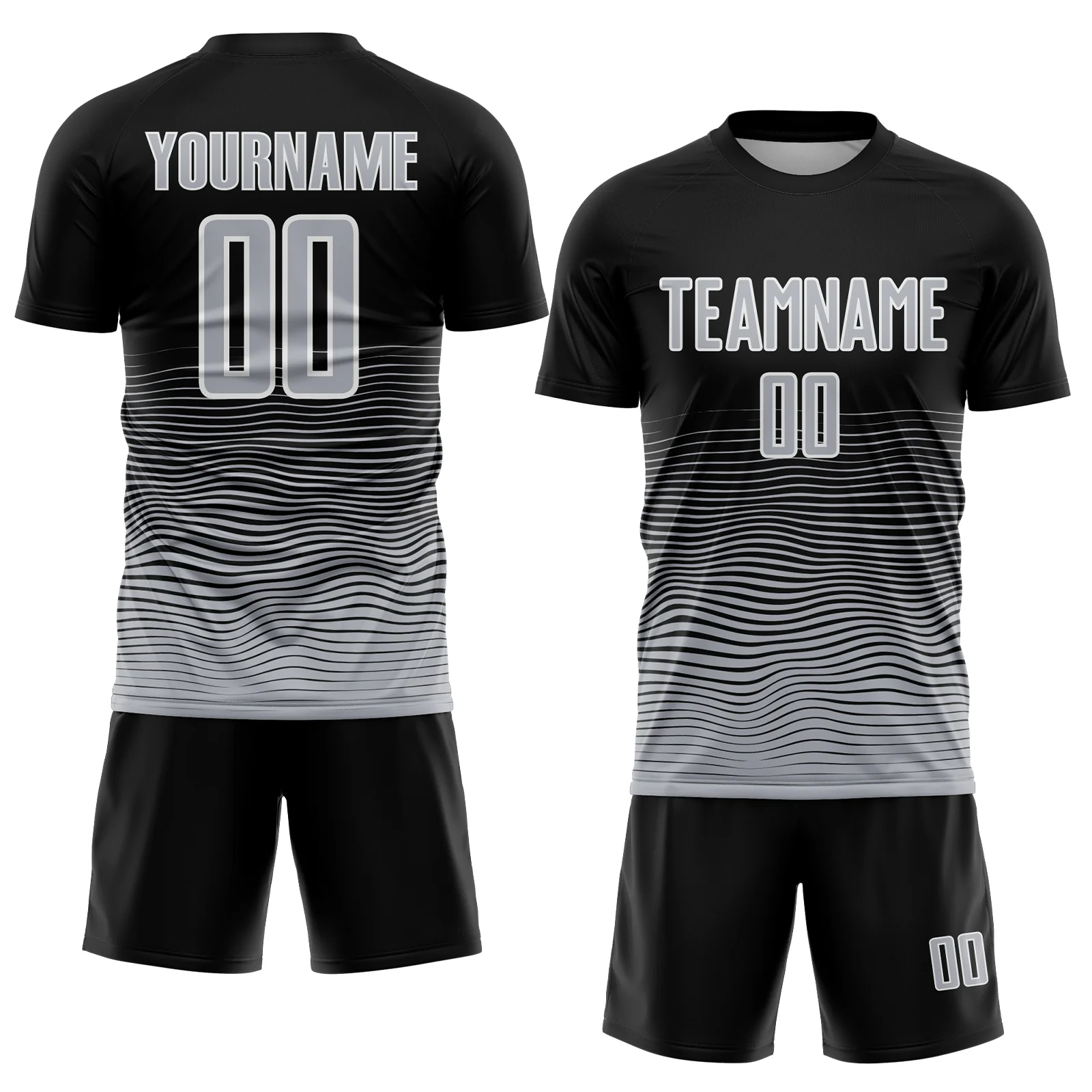Custom Black Gray-White Gradient Wave Line Sports Sublimation Soccer Uniform Jersey - Image 2