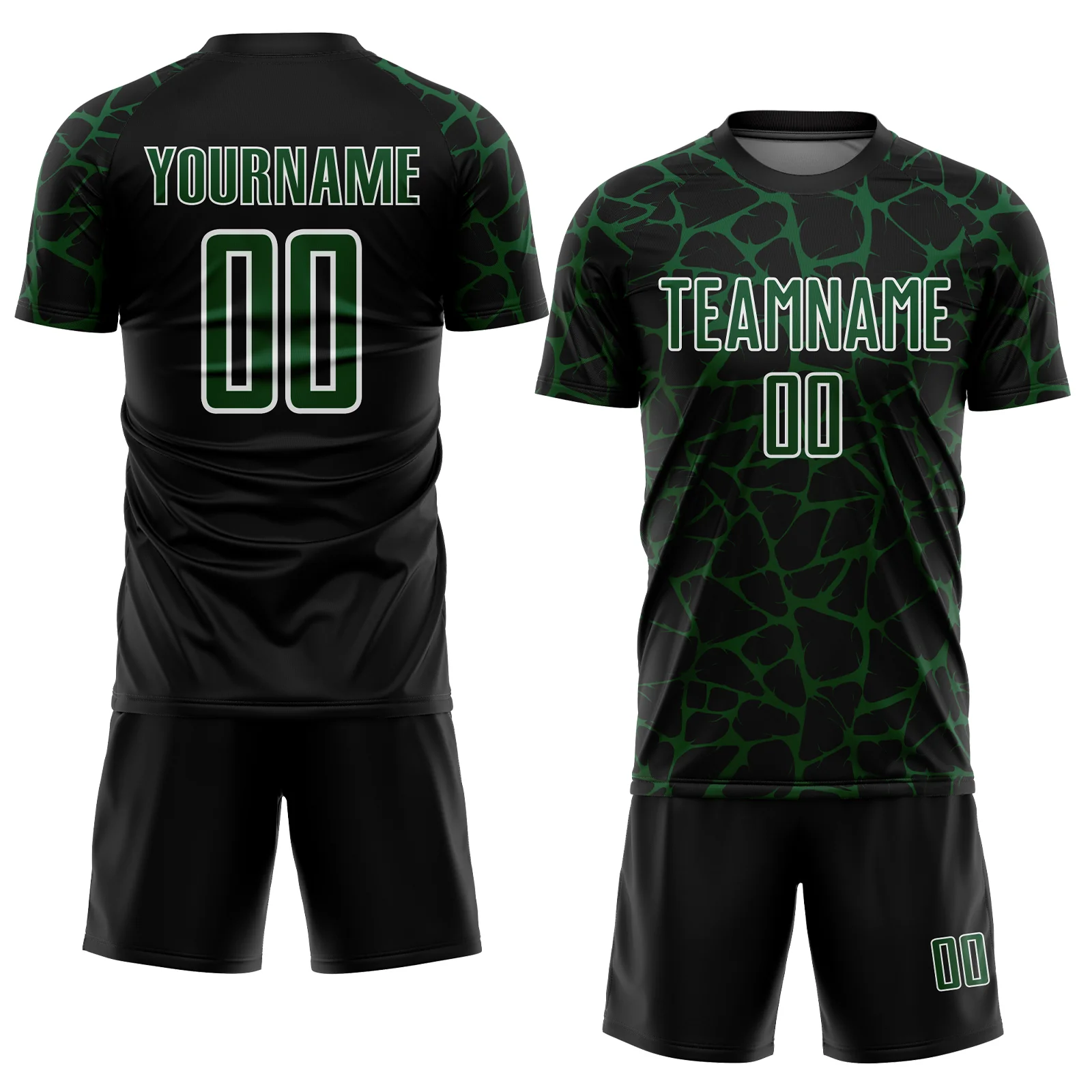 Custom Black Green-White Abstract Network Splash Sublimation Soccer Uniform Jersey - Image 2
