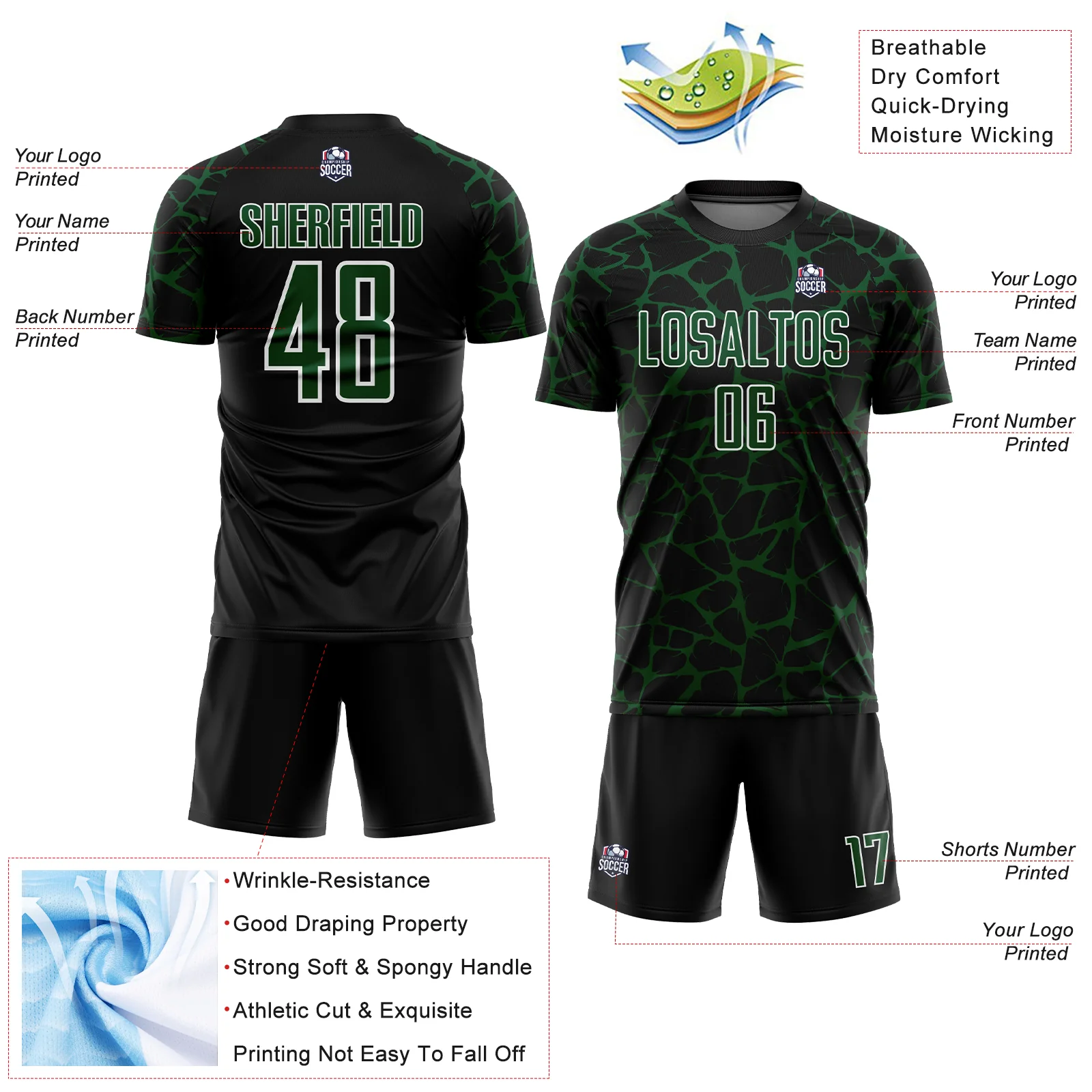 Custom Black Green-White Abstract Network Splash Sublimation Soccer Uniform Jersey - Image 4