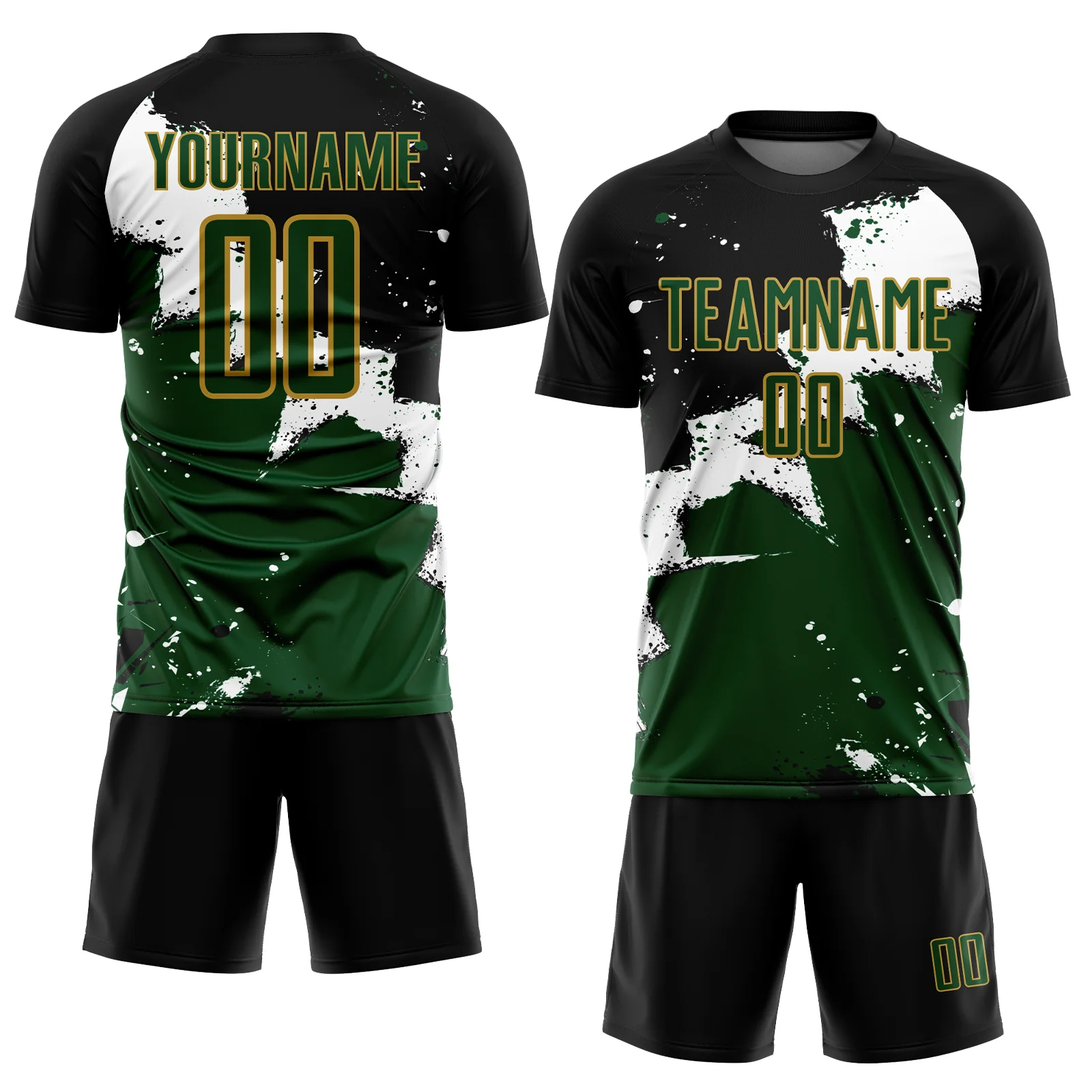 Custom Black Green-Old Gold Spalsh Sublimation Soccer Uniform Jersey - Image 2