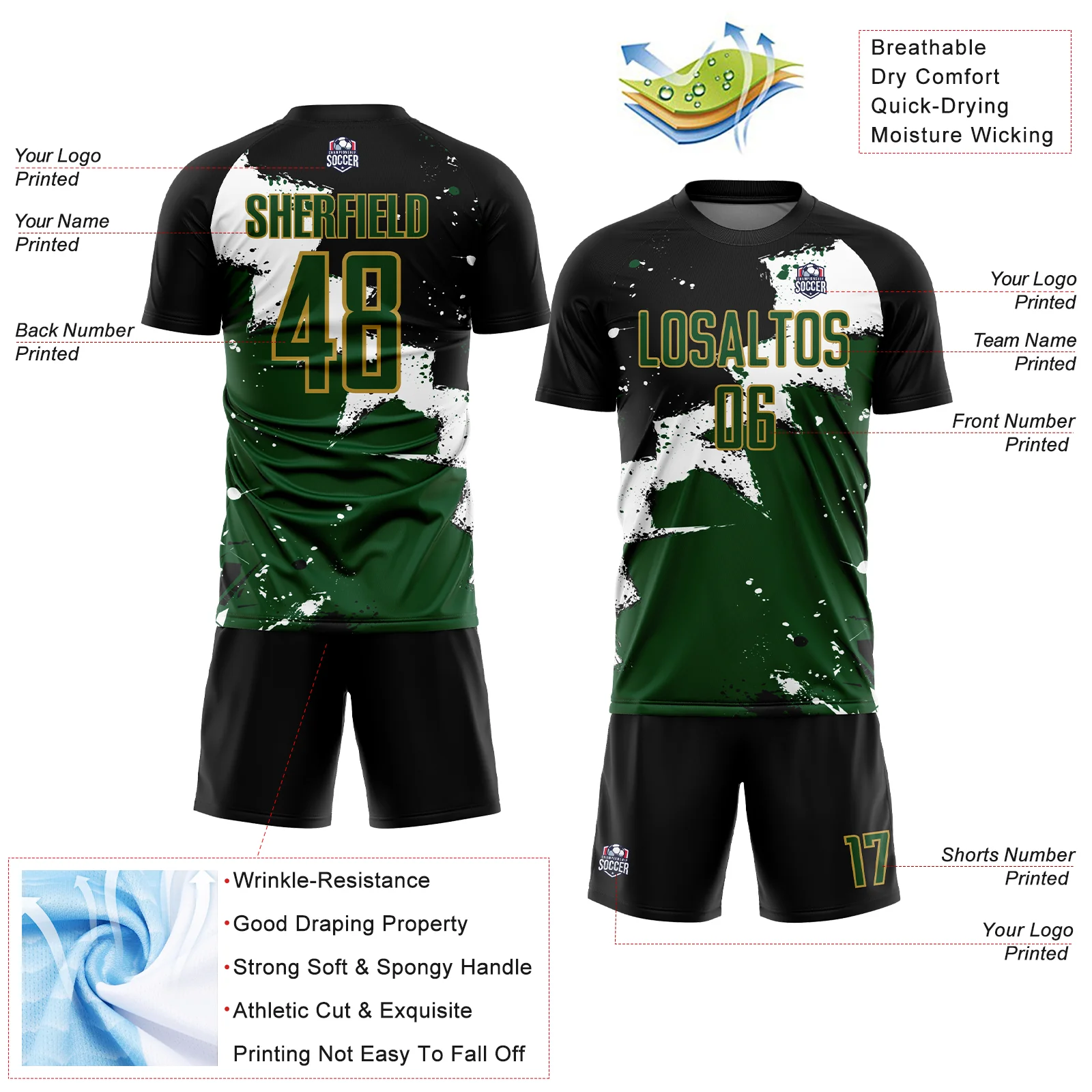 Custom Black Green-Old Gold Spalsh Sublimation Soccer Uniform Jersey - Image 4