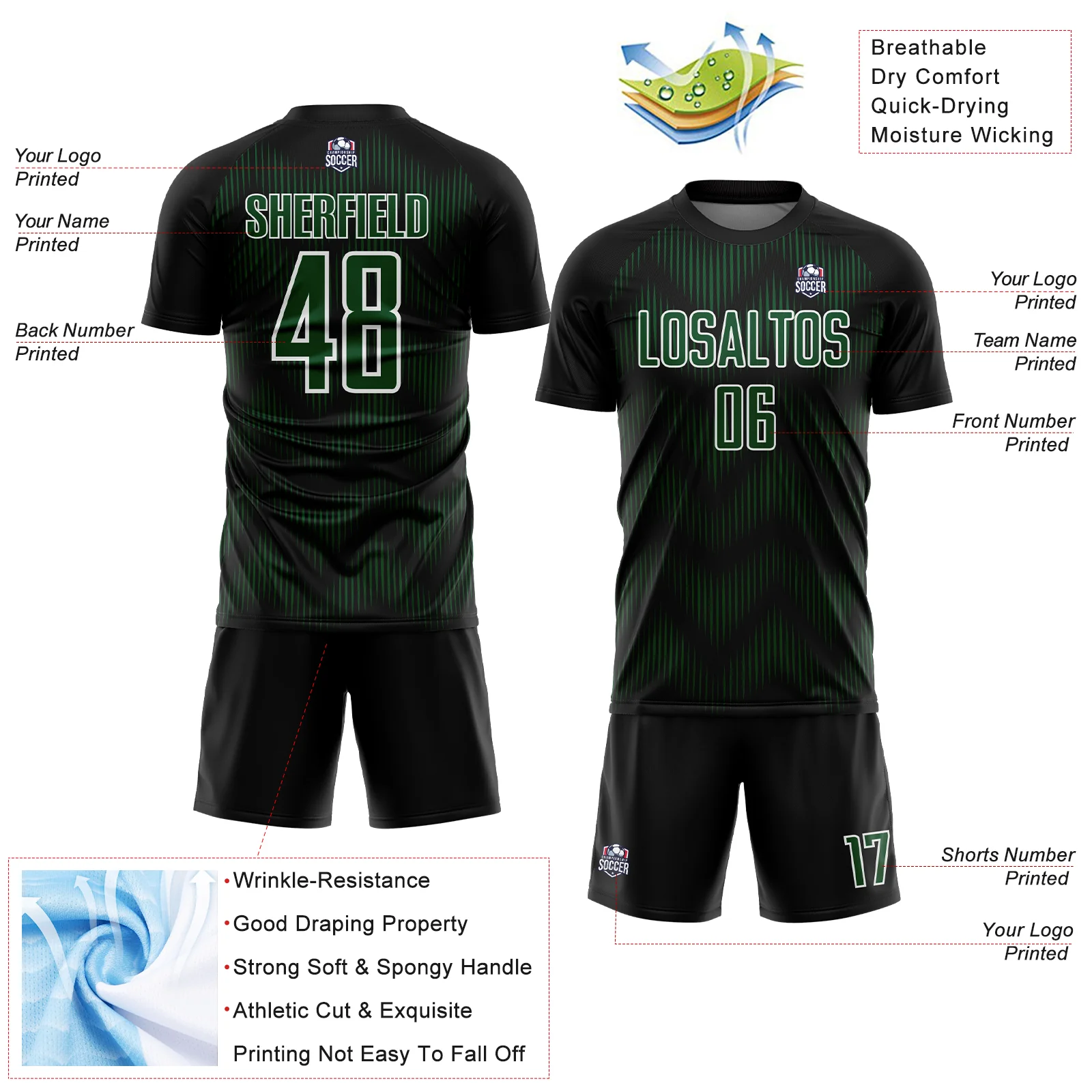 Custom Black Green-White Line Sublimation Soccer Uniform Jersey - Image 4