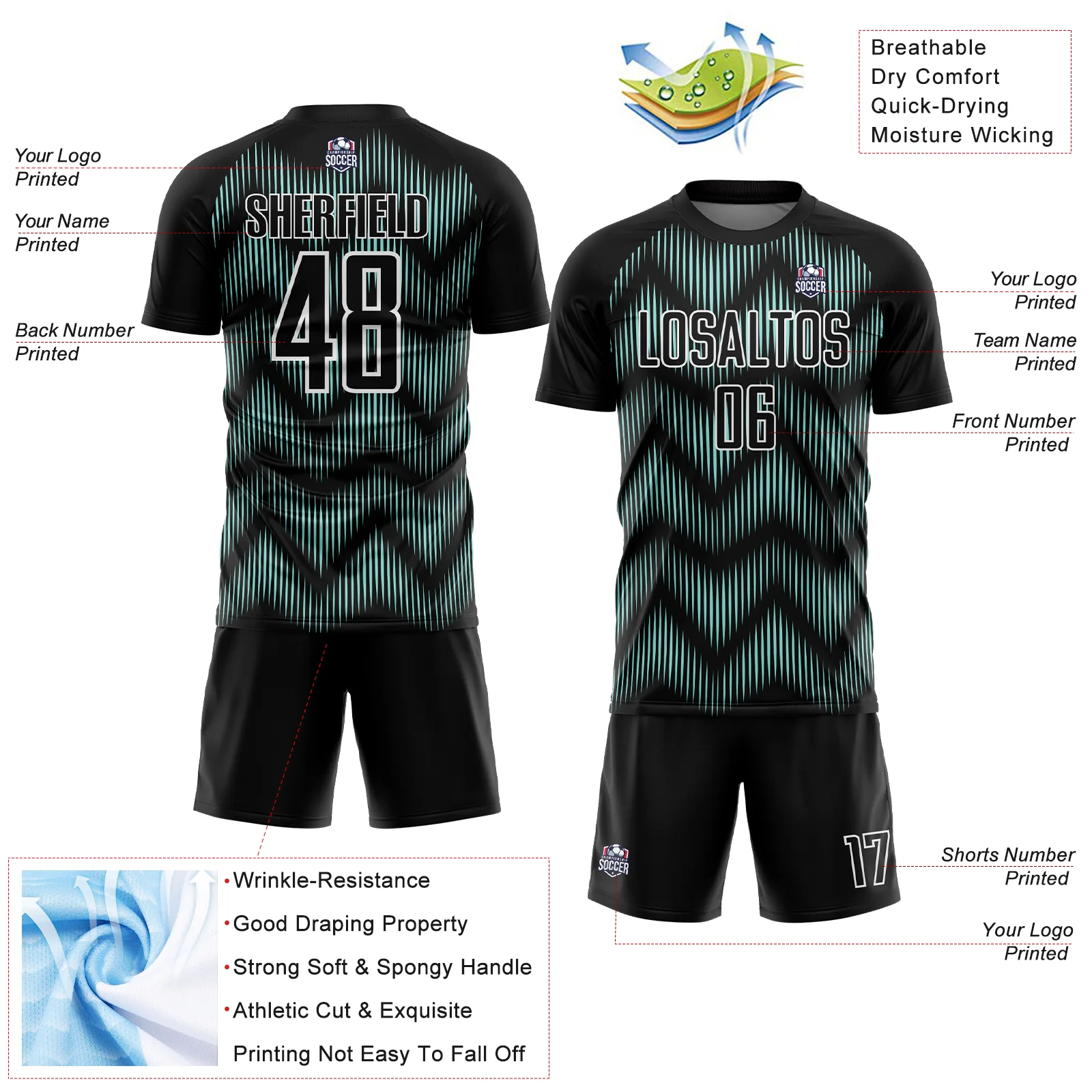 Custom Black Ice Blue-White Line Sublimation Soccer Uniform Jersey - Image 4