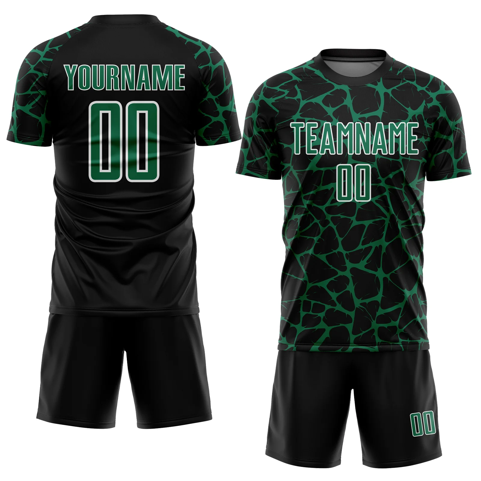 Custom Black Kelly Green-White Abstract Network Splash Sublimation Soccer Uniform Jersey - Image 2