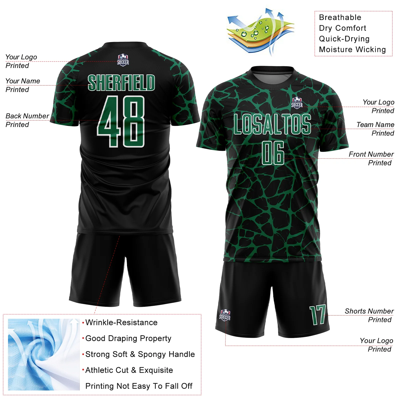 Custom Black Kelly Green-White Abstract Network Splash Sublimation Soccer Uniform Jersey - Image 4