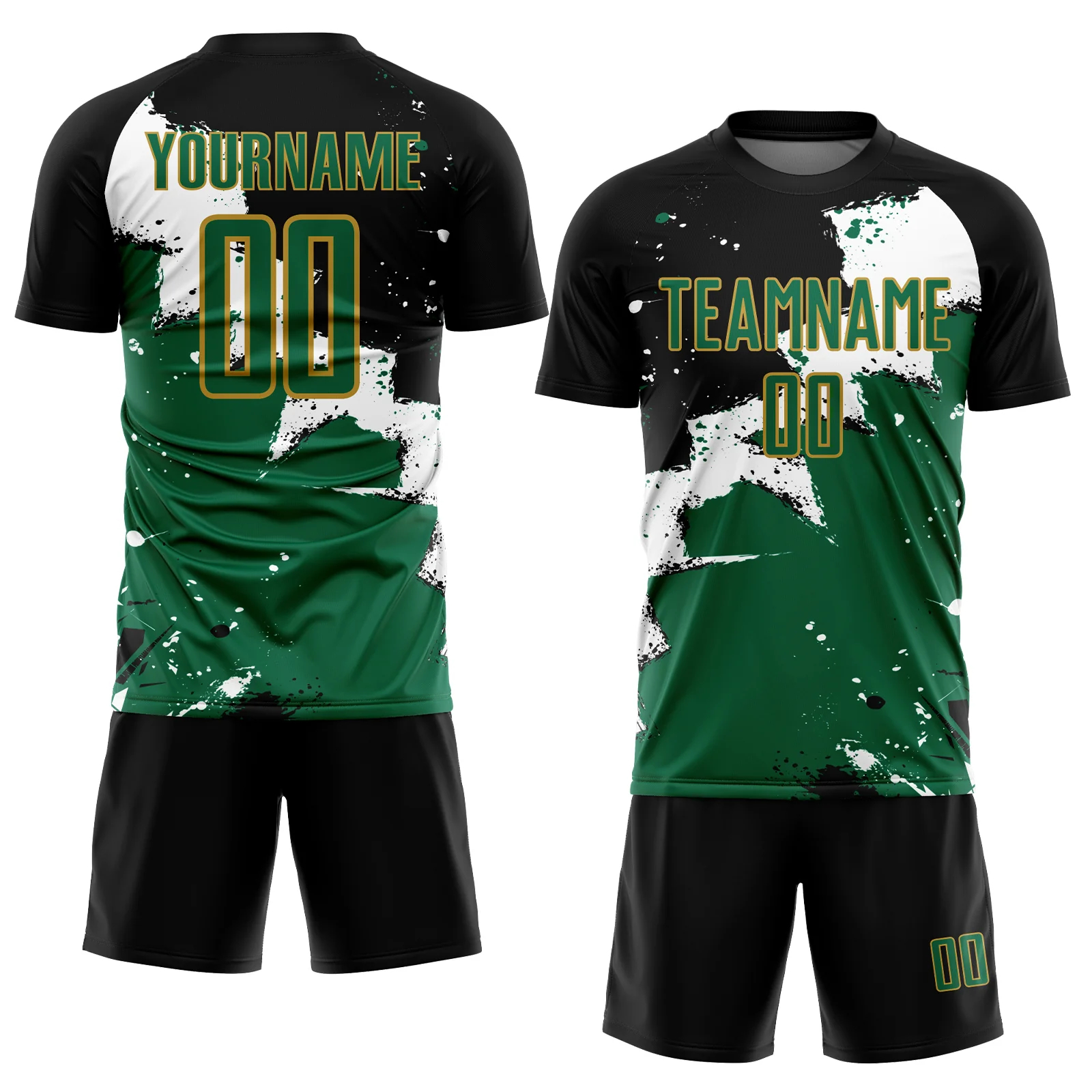 Custom Black Kelly Green-Old Gold Spalsh Sublimation Soccer Uniform Jersey - Image 2