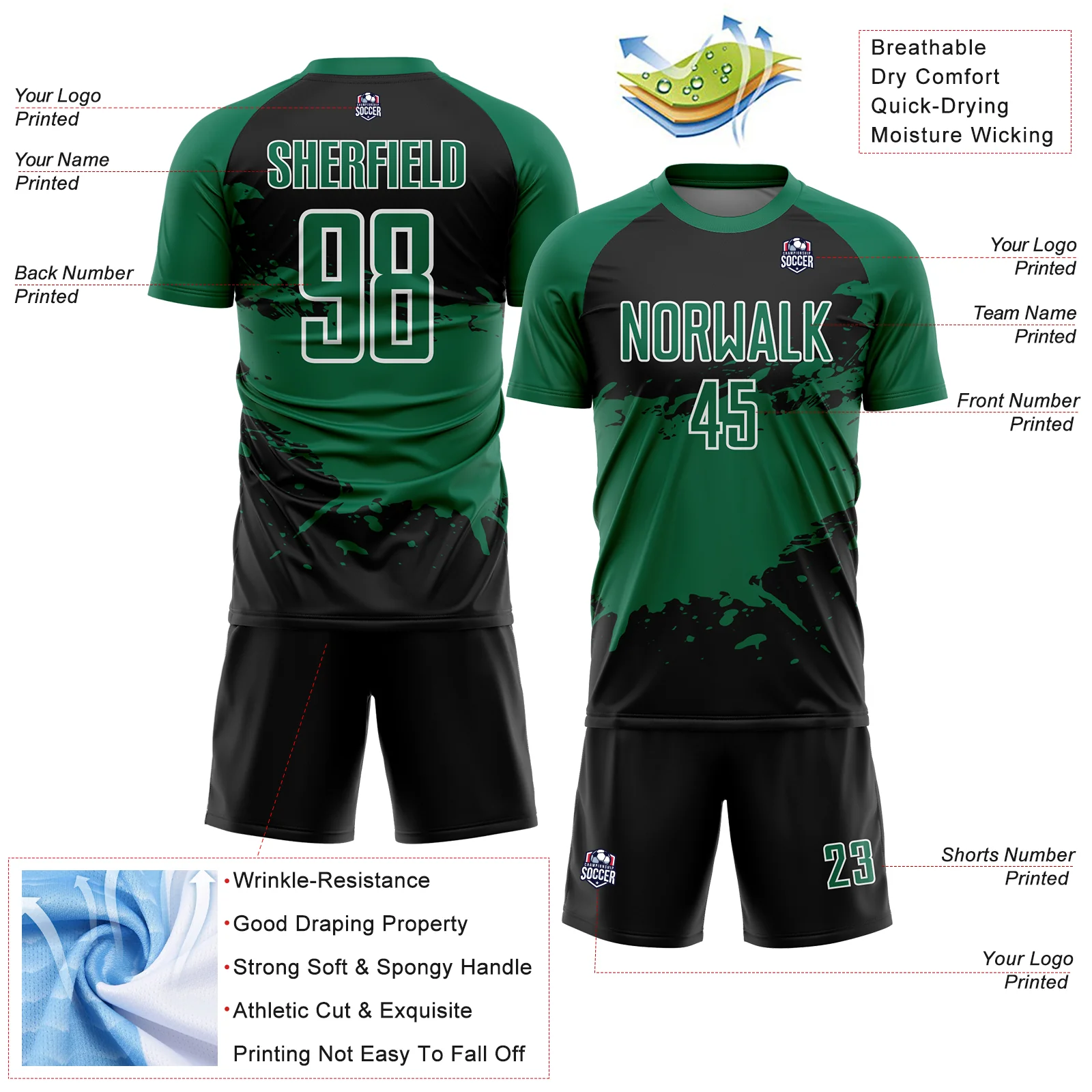 Custom Black Kelly Green-White Splash Sublimation Soccer Uniform Jersey - Image 4