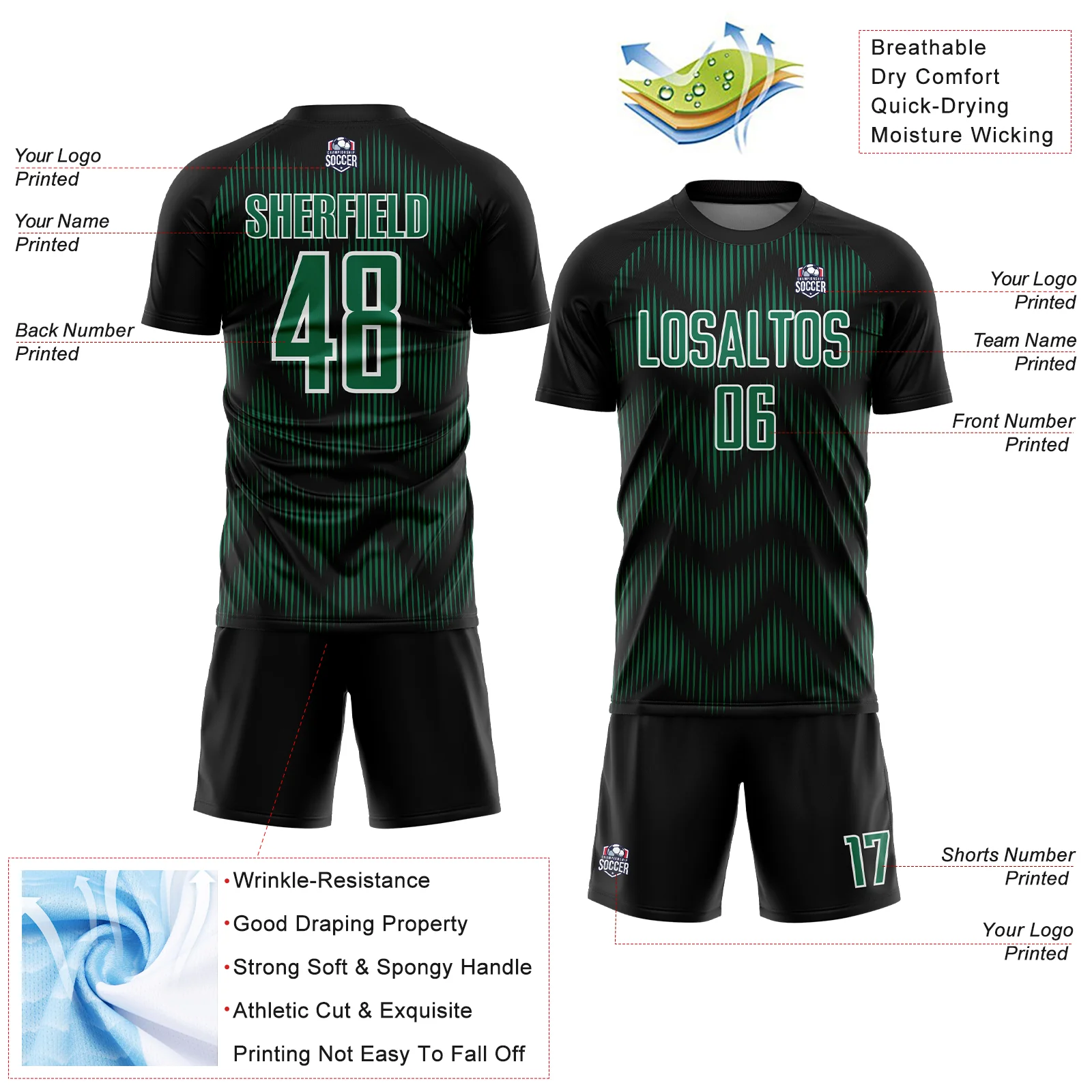 Custom Black Kelly Green-White Line Sublimation Soccer Uniform Jersey - Image 4