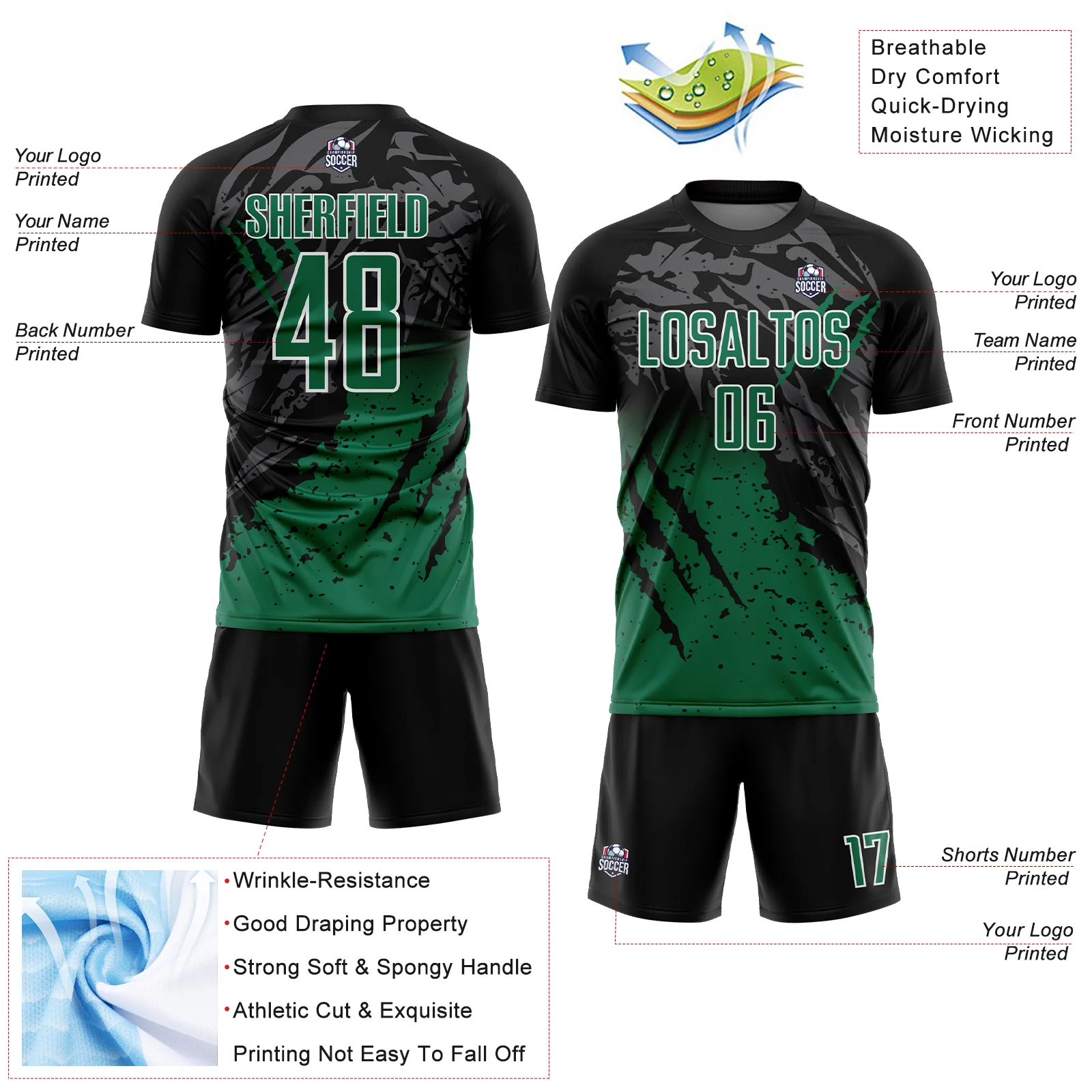 Custom Black Kelly Green-White Gradient Scratch Splash Sublimation Soccer Uniform Jersey - Image 4