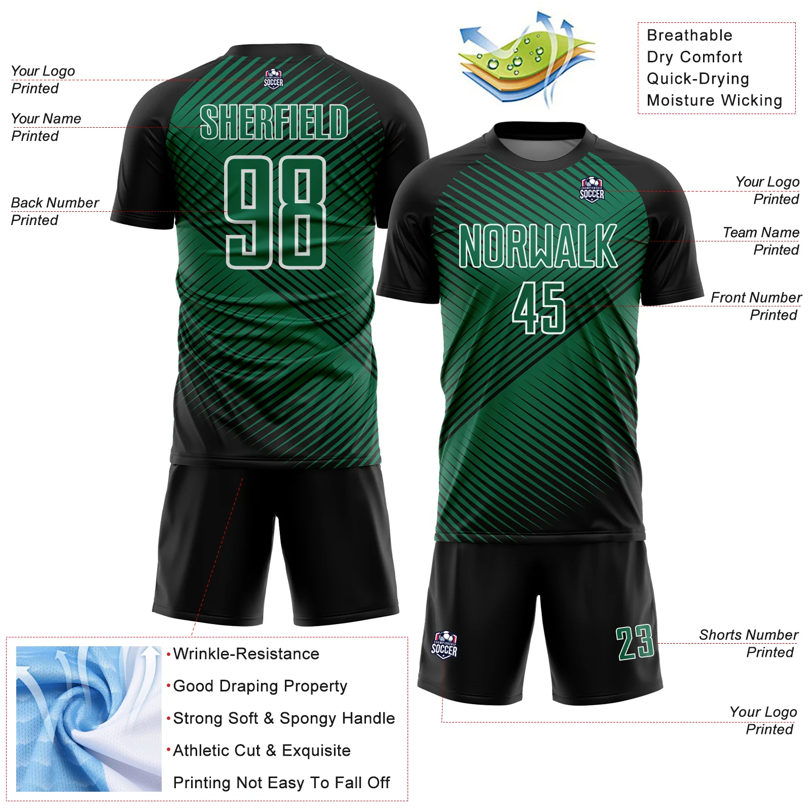 Custom Black Kelly Green-White Line Sublimation Soccer Uniform Jersey - Image 4