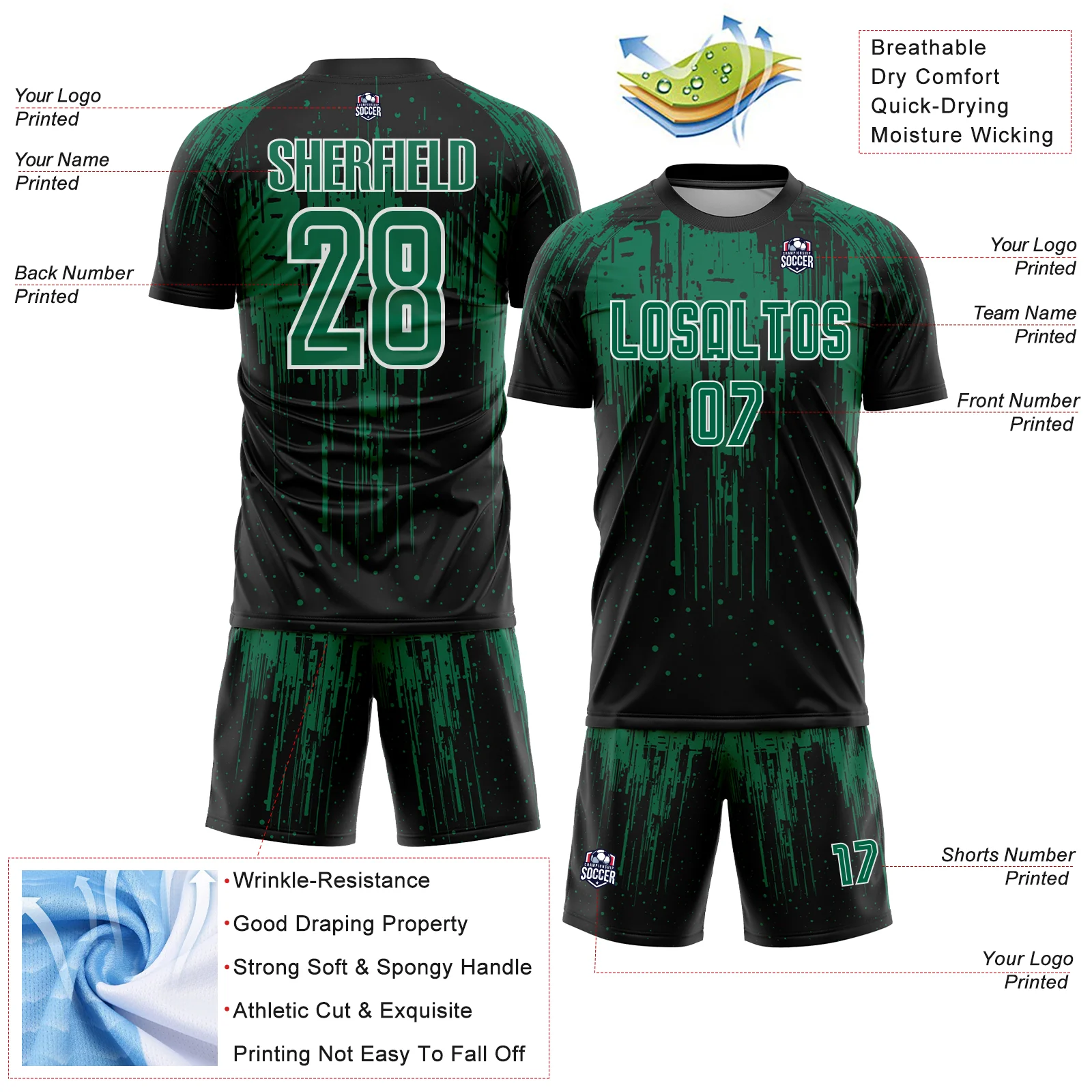 Custom Black Kelly Green-White Dripping Splatte Pattern Sports Sublimation Soccer Uniform Jersey - Image 4