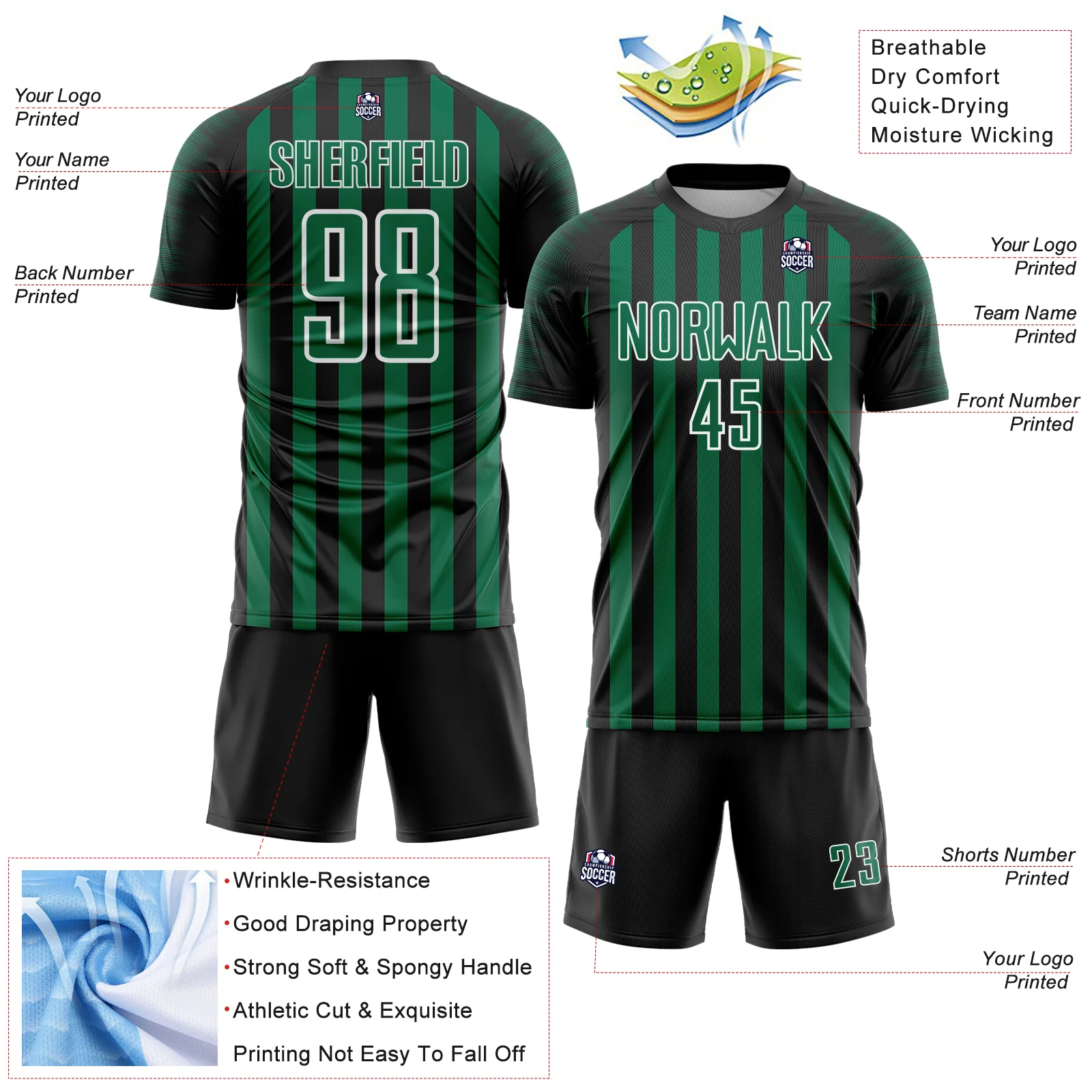Custom Black Kelly Green-White Stripe Sports Sublimation Soccer Uniform Jersey - Image 4