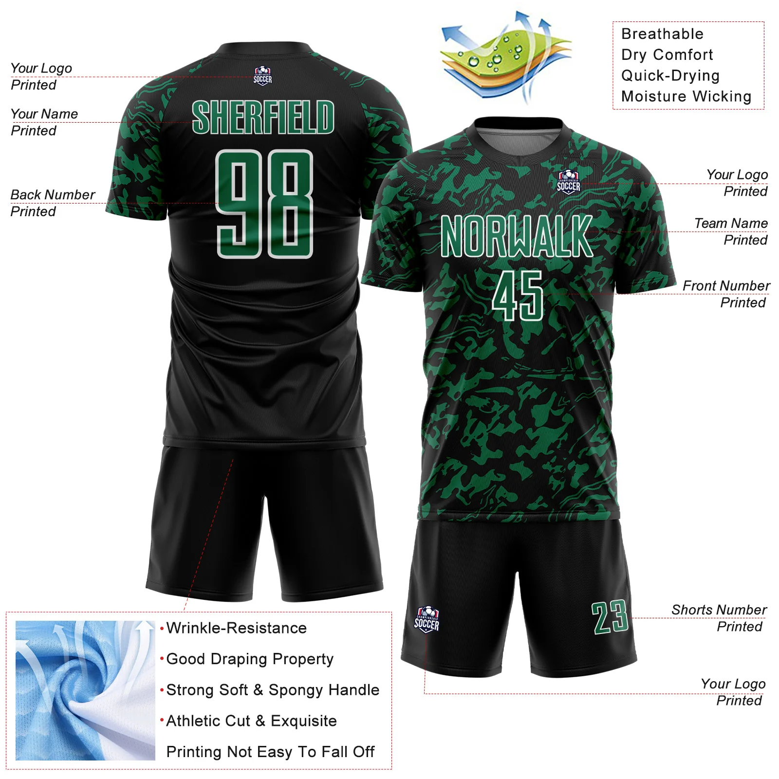 Custom Black Kelly Green-White Liquid Fluid Pattern Sports Sublimation Soccer Uniform Jersey - Image 4