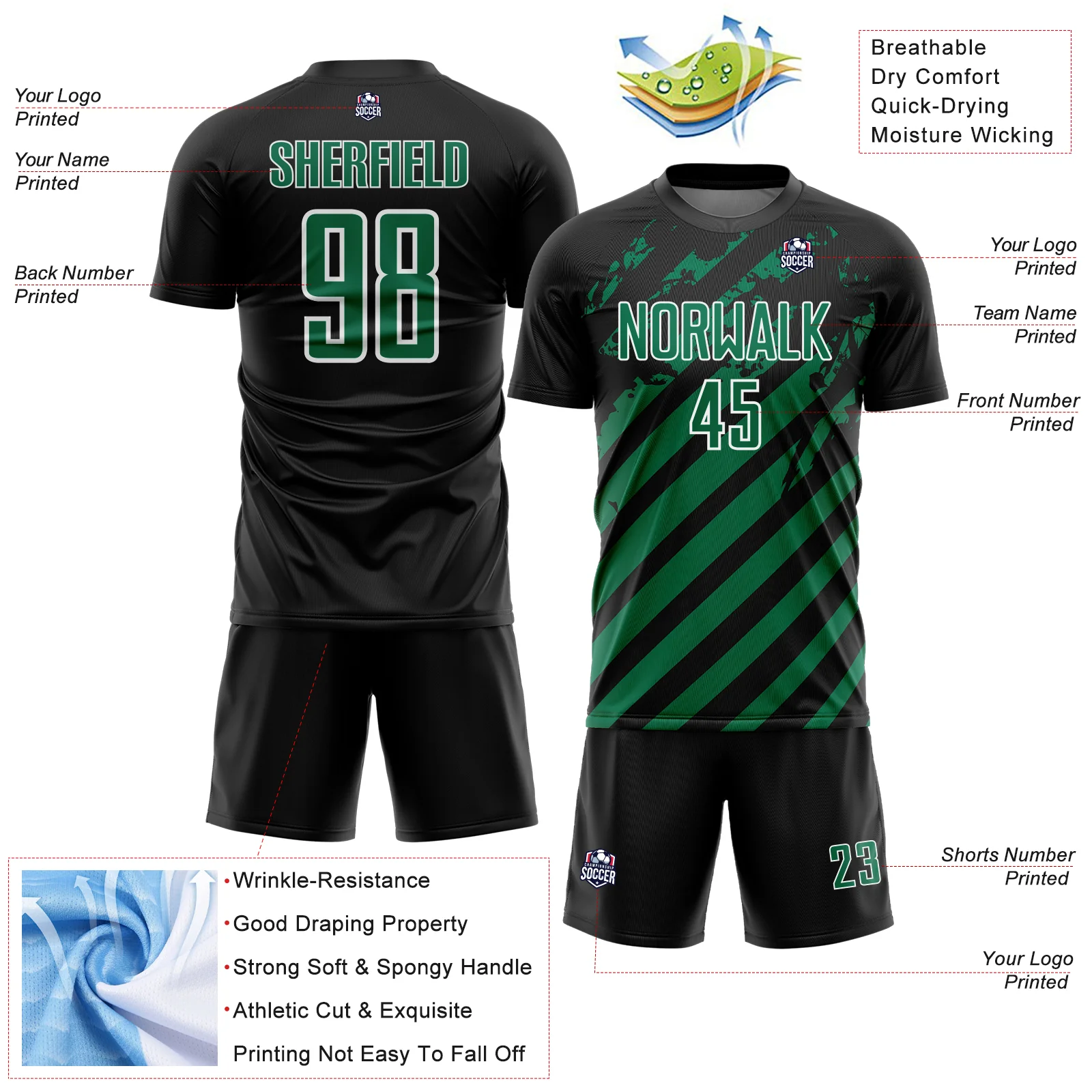 Custom Black Kelly Green-White Distressed Diagonal Stripe Pattern Sports Sublimation Soccer Uniform Jersey - Image 4