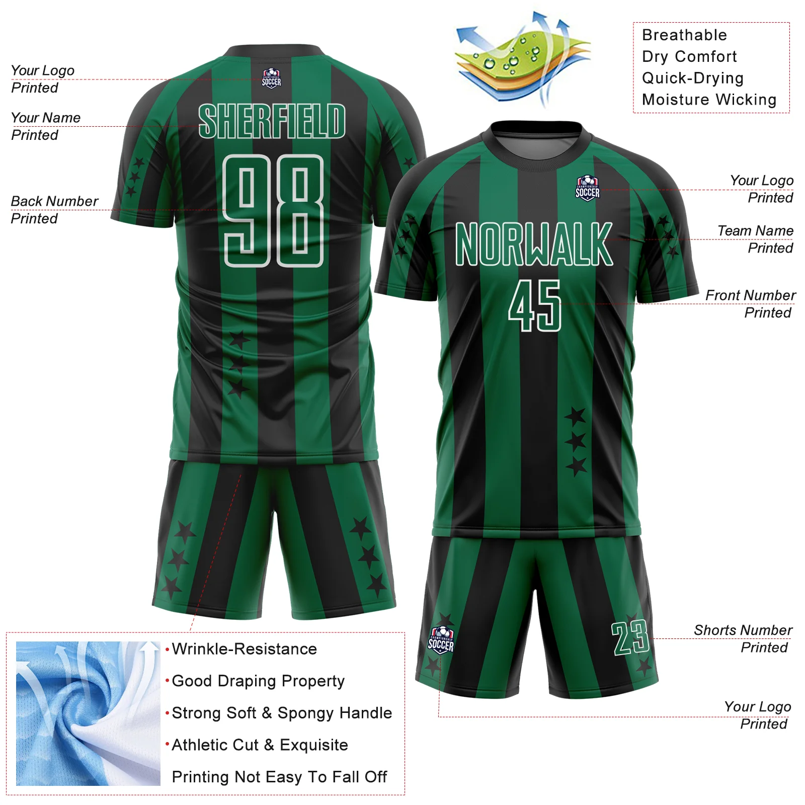 Custom Black Kelly Green-White Stars And Stripes Sports Sublimation Soccer Uniform Jersey - Image 4